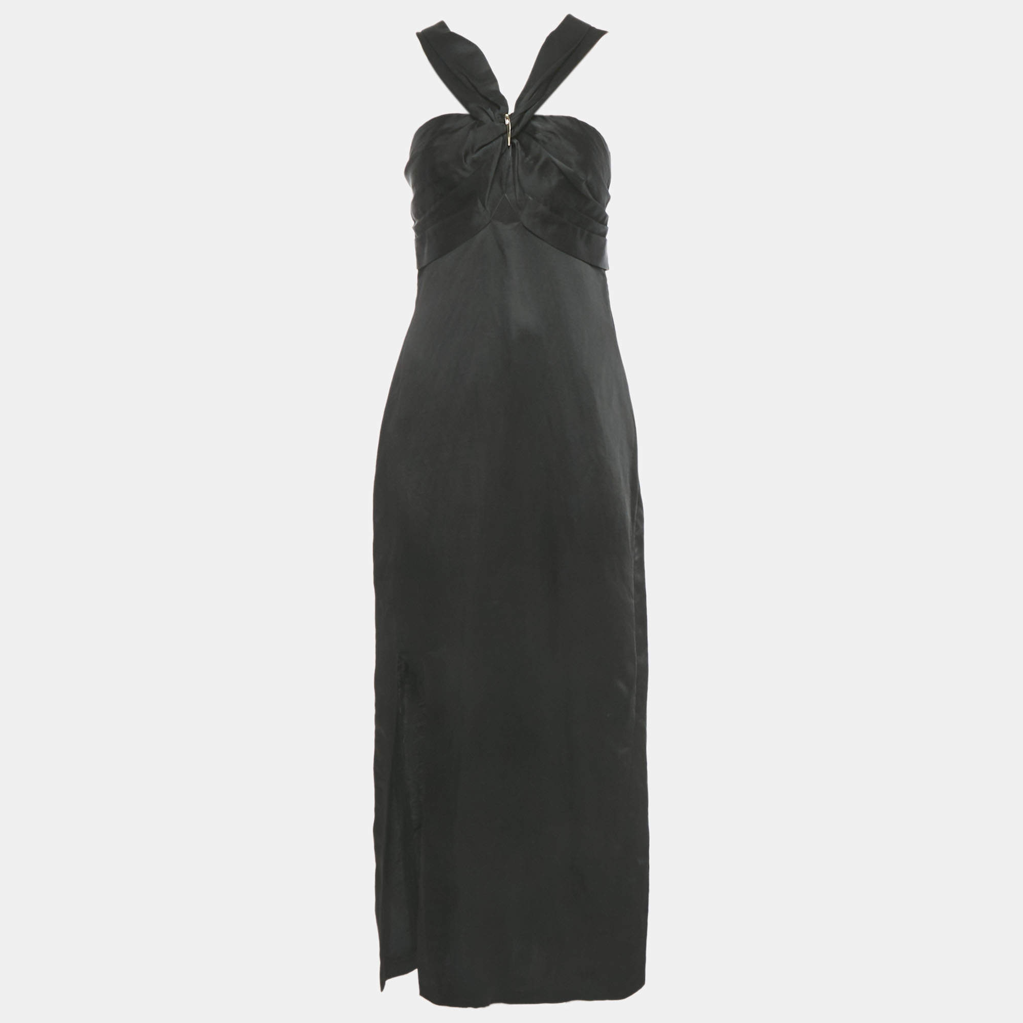 Pre Owned Sandro Black Satin & Linen V-Neck Cut Out Slit Maxi Dress S 