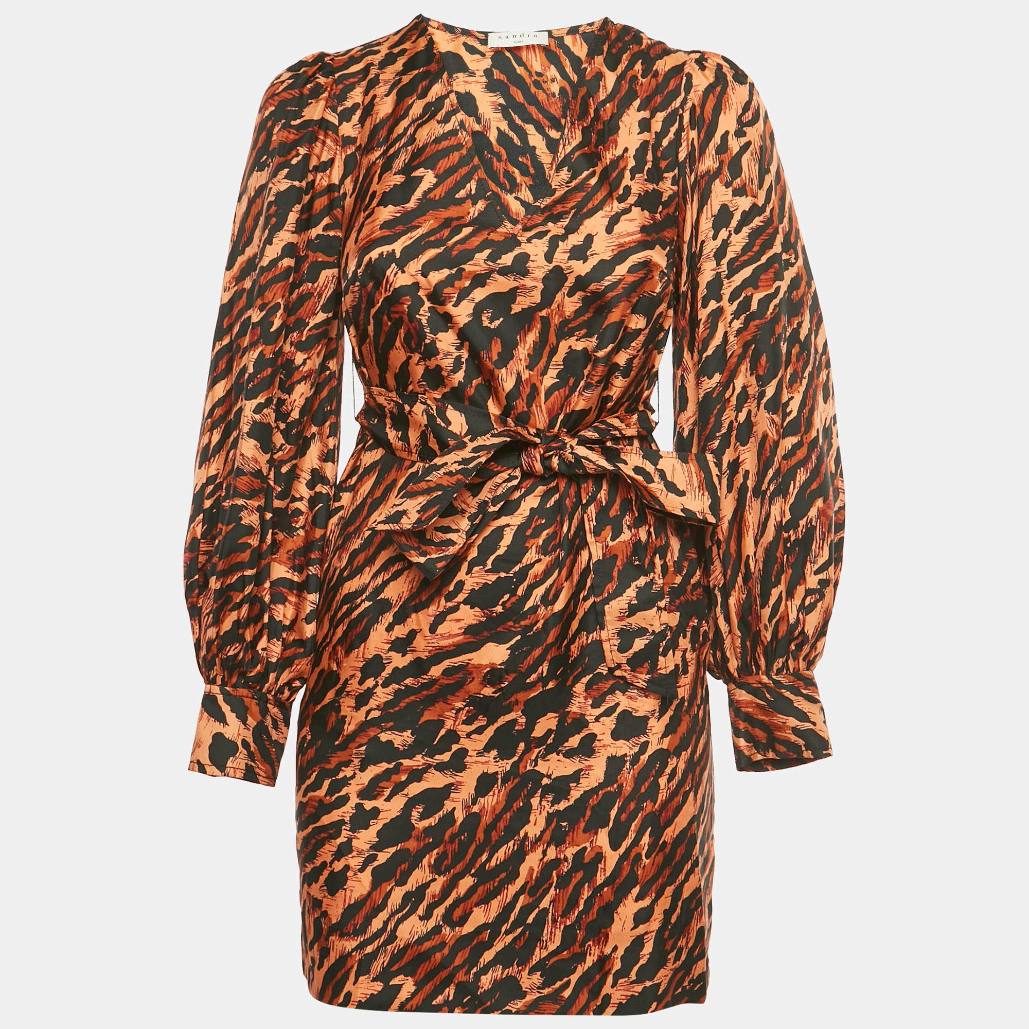 Pre Owned Sandro Brown /Black Animal Print Silk Moon Mini Dress XS