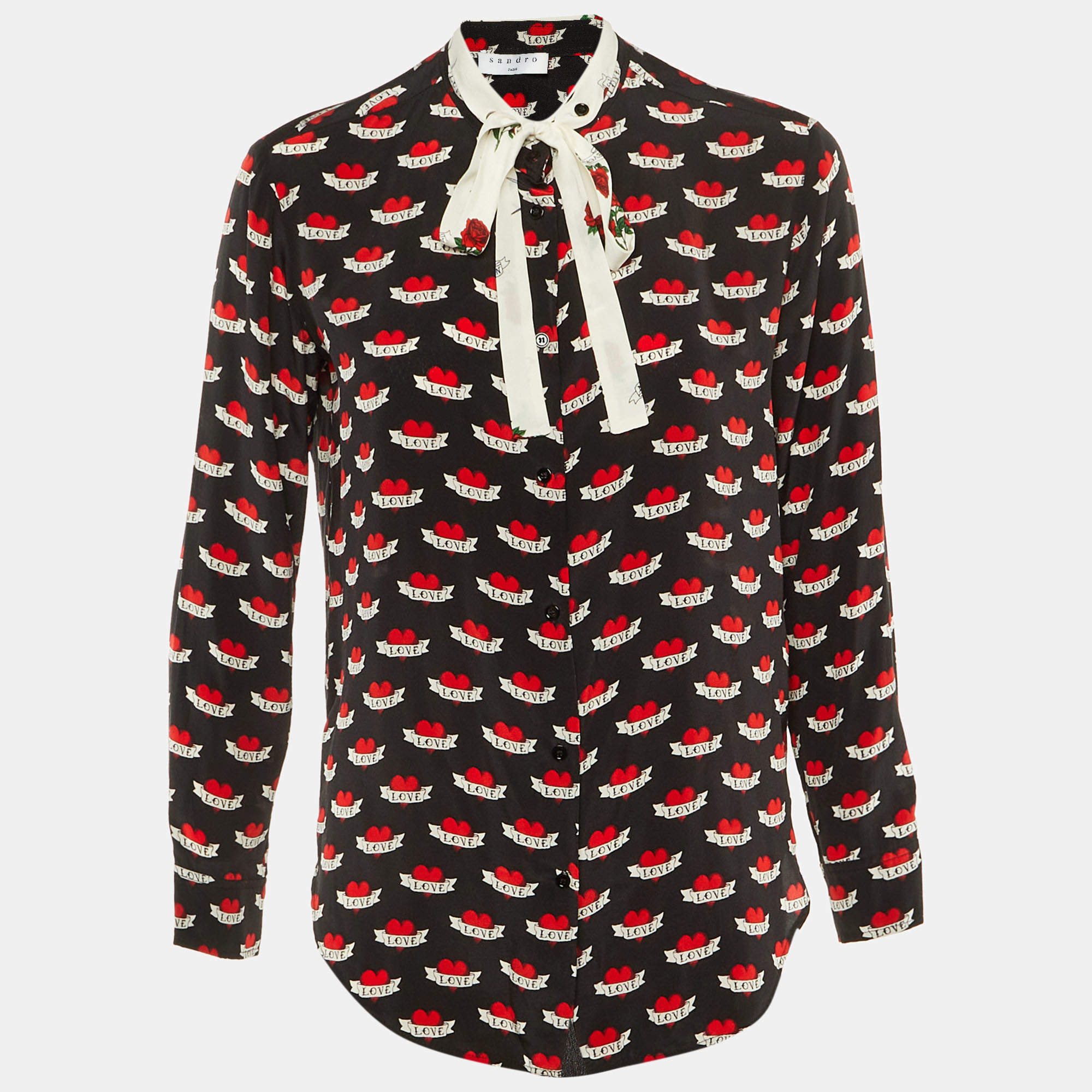 Pre Owned Sandro Black Love Print Silk Tie Neck Blouse M 