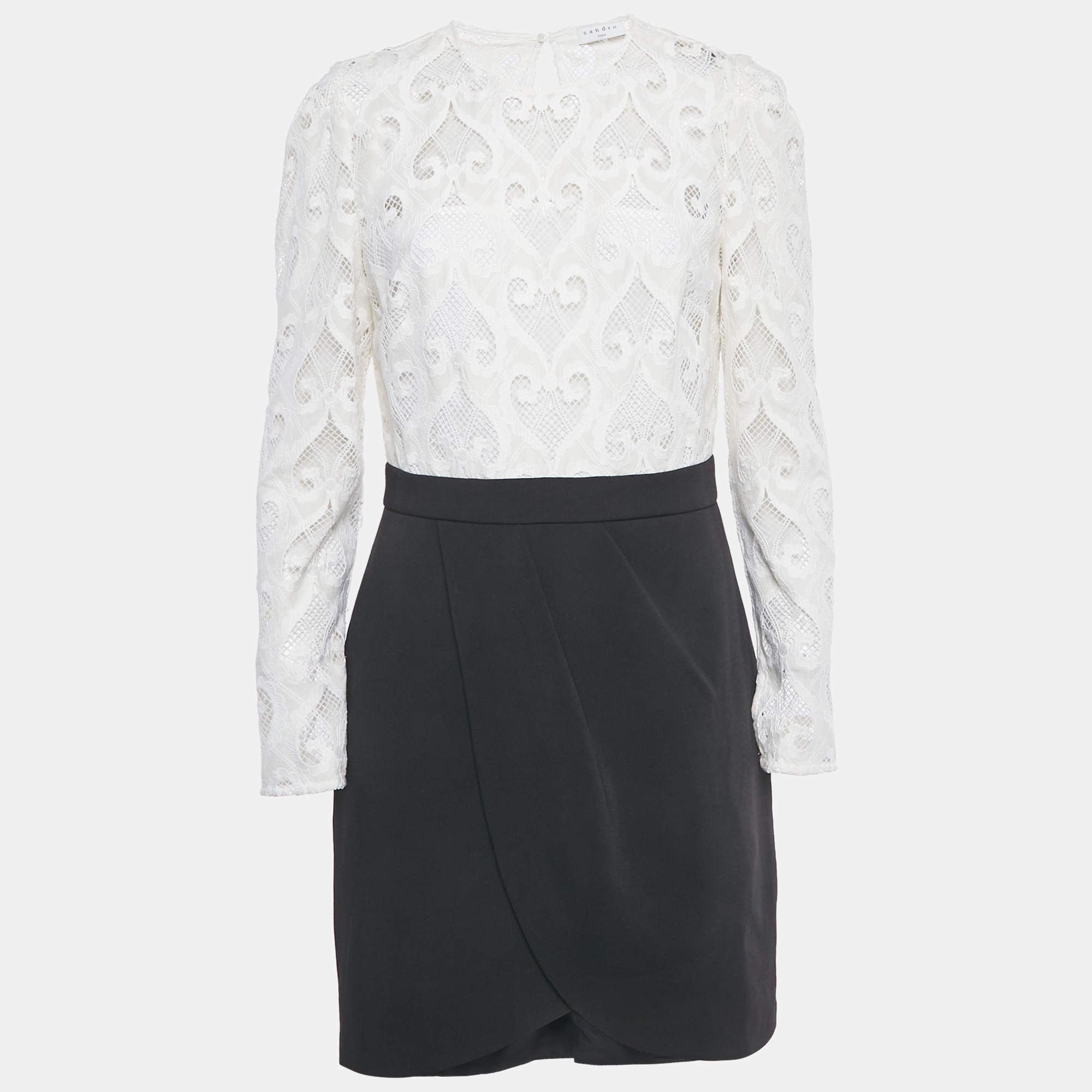 Pre Owned Sandro White/Black Lace Camelia Mini Dress L