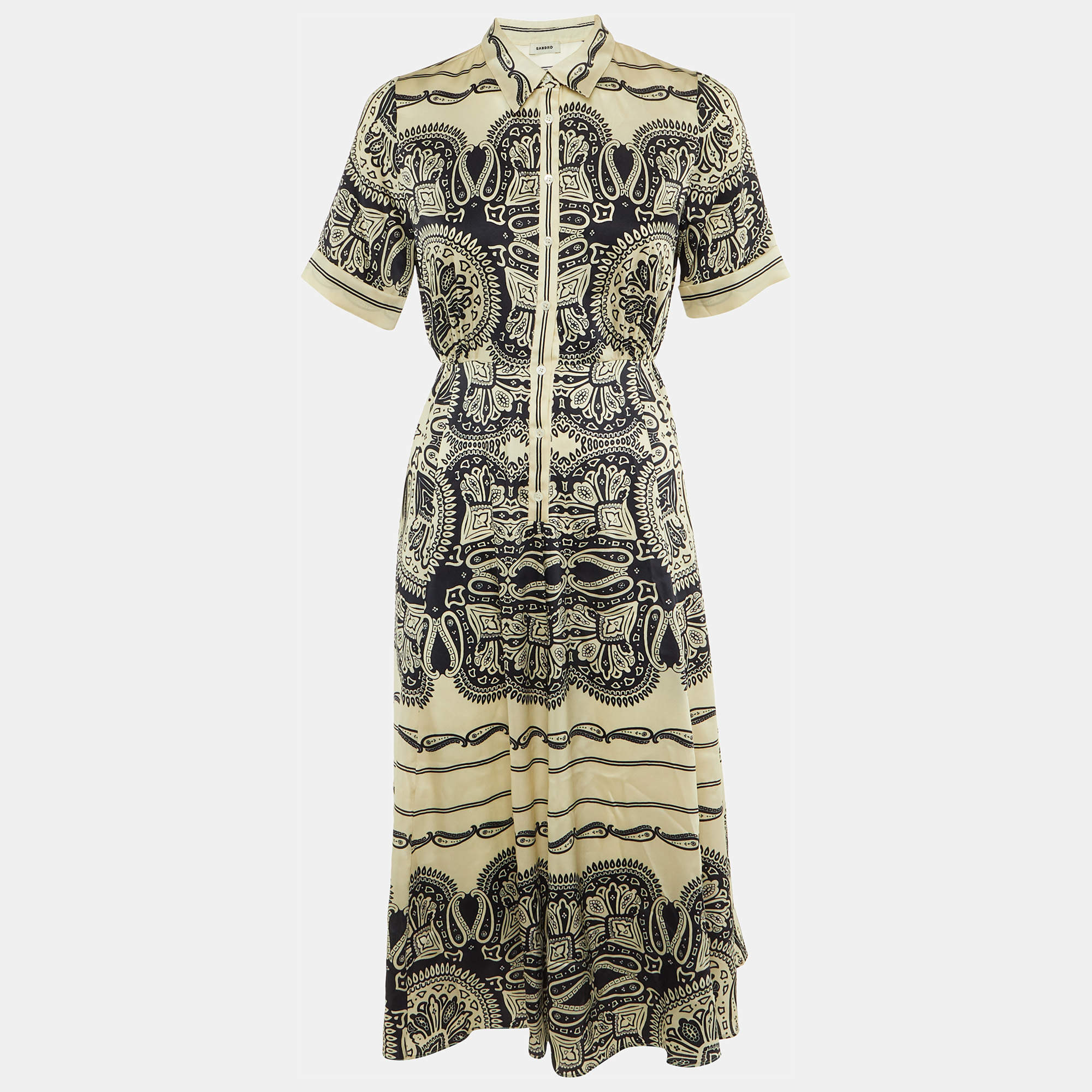 Pre Owned Sandro Cream /Navy Blue Paisley Print Satin Midi Dress S