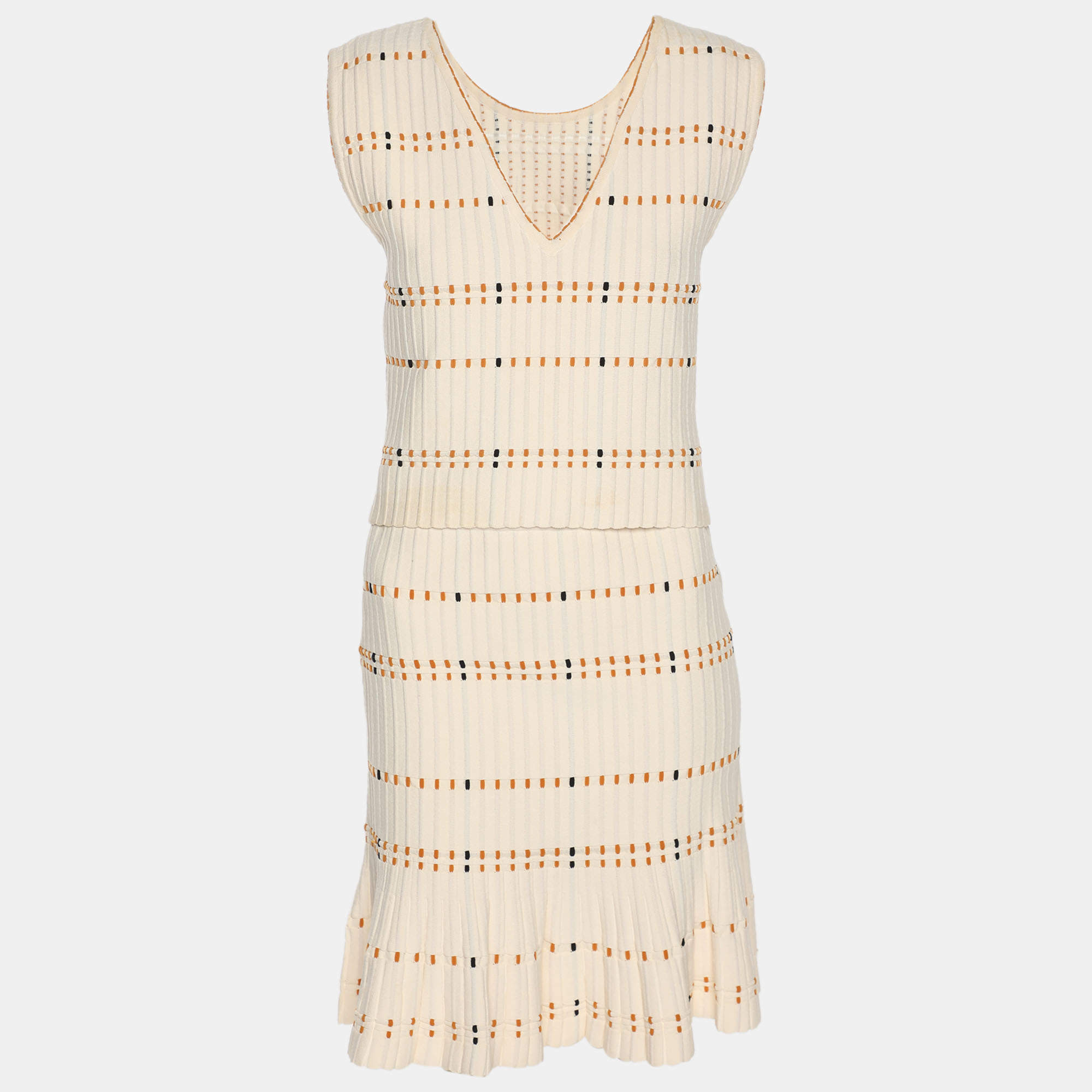 Pre Owned Sandro Cream Striped Rib Knit Top and Mini Skirt Set S