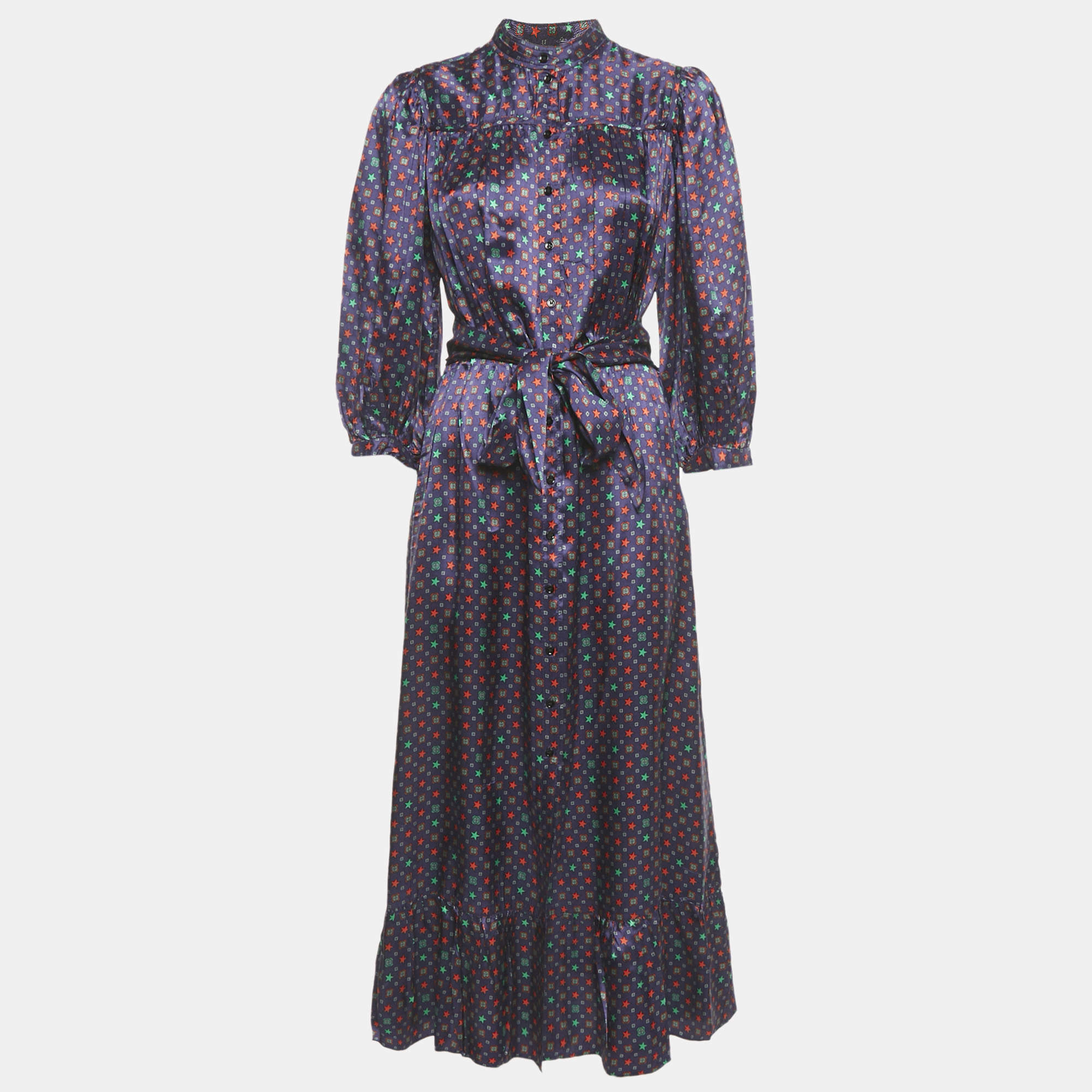 Pre Owned Sandro Purple Stars Print Satin Maxi Dress S