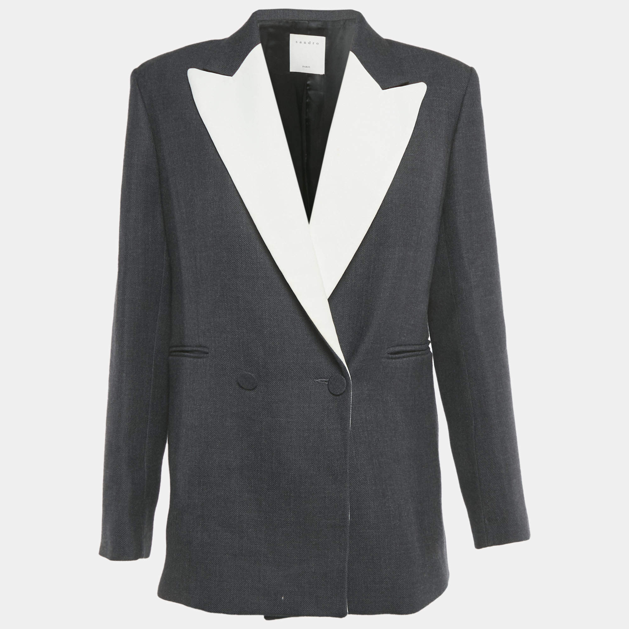 Pre Owned Sandro Grey /White Crepe Blend Double Breasted Blazer L