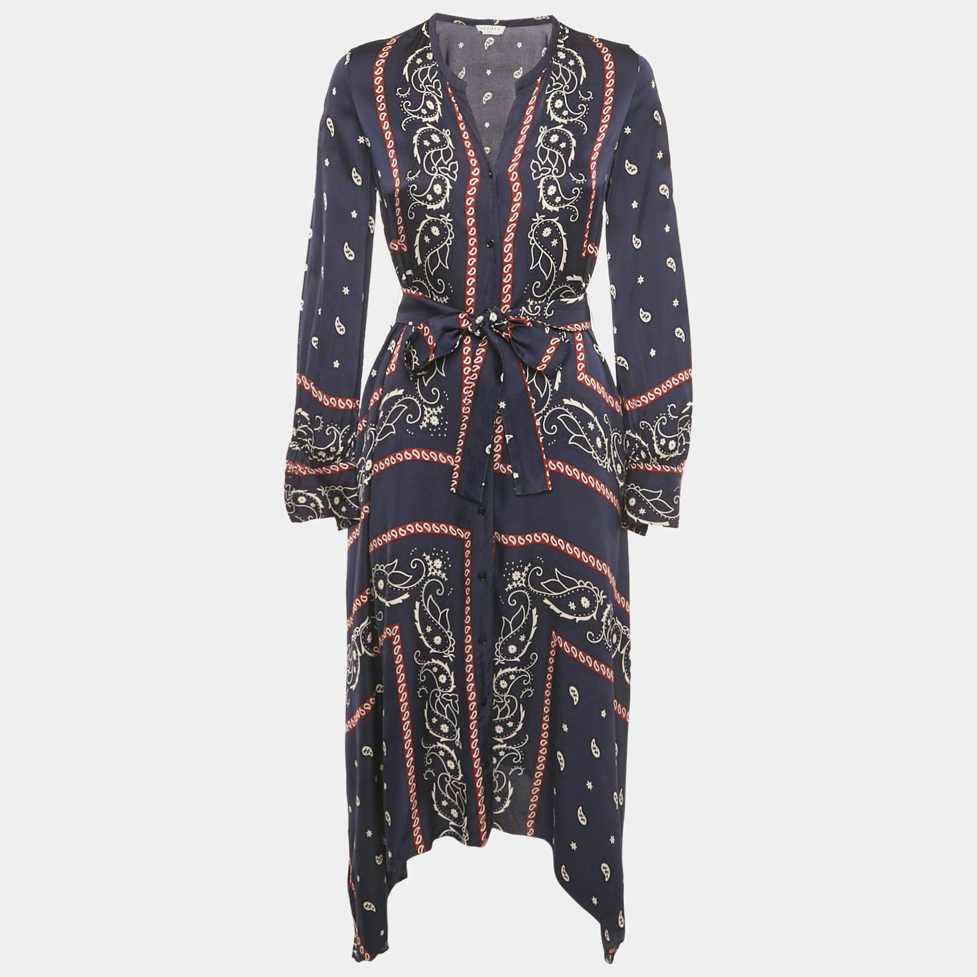 Pre Owned Sandro Blue Bandana Print Satin Asymmetric Midi Dress XS