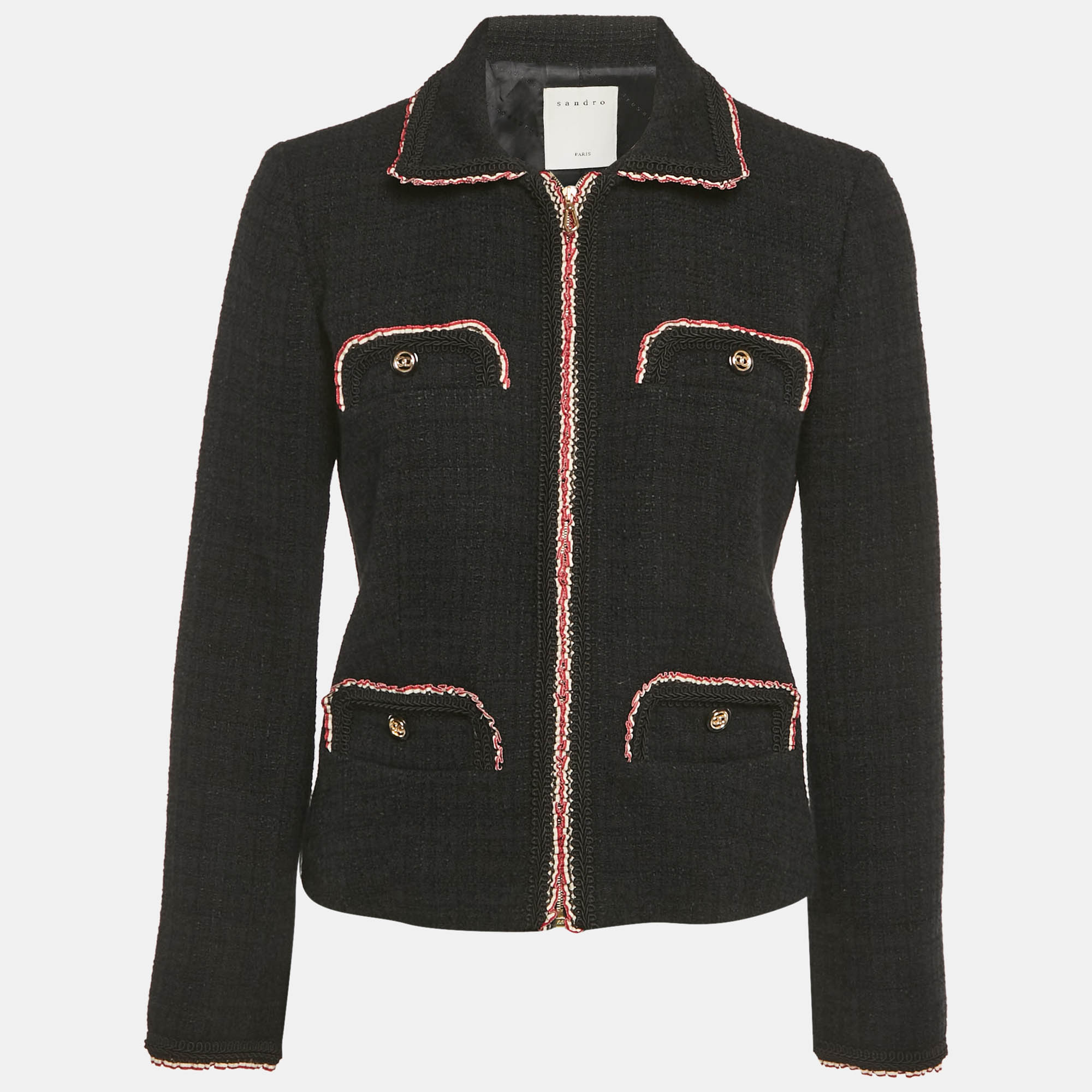Pre Owned Sandro Black Jacquard Tweed Zip-Up Jacket S