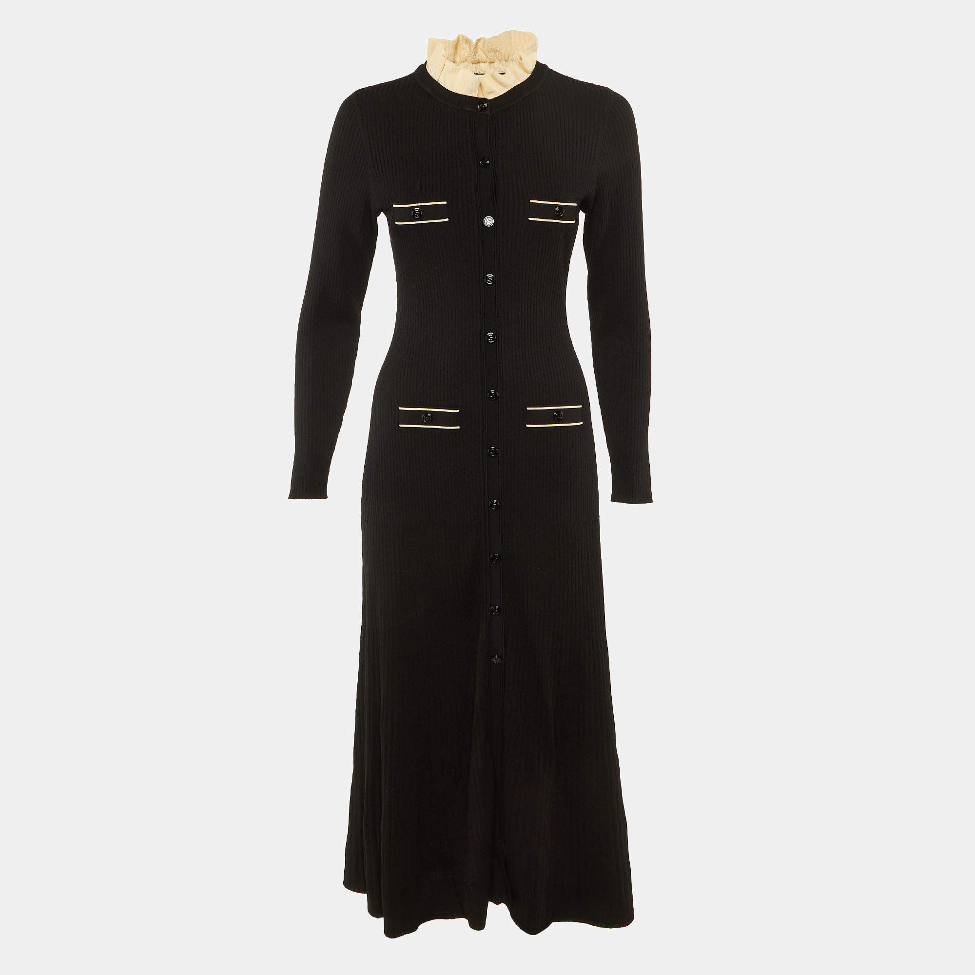 Pre Owned Sandro Black Rib Knit Button Front Long Dress M