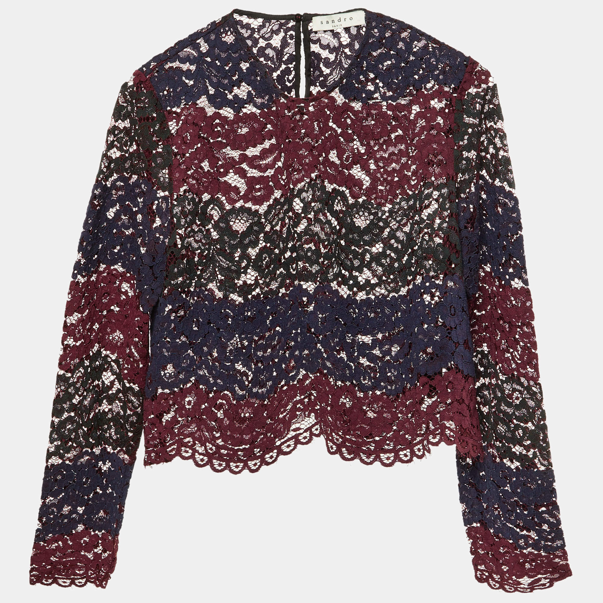 Pre Owned Sandro Maroon Floral Lace Scalloped Crop Top M