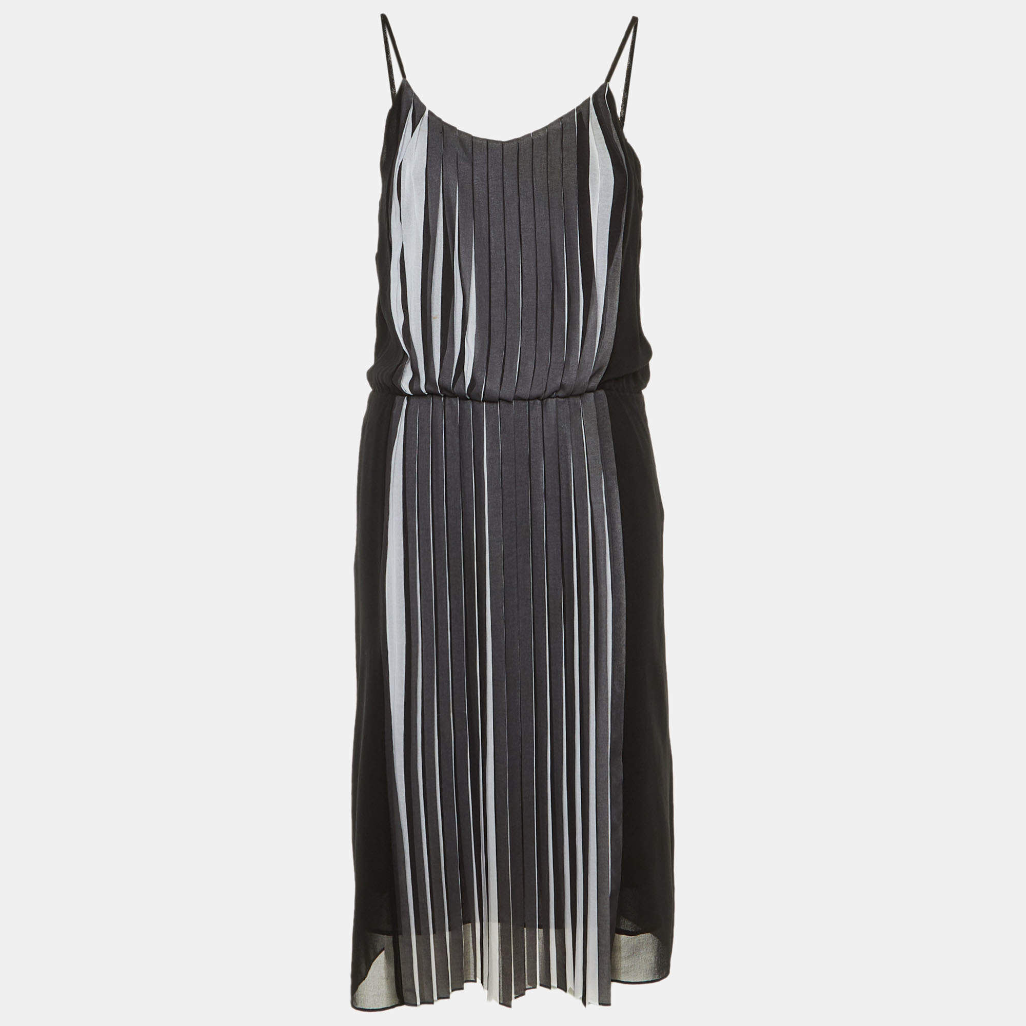 Pre Owned Sandro Black /White Pleated Crepe Midi Dress M