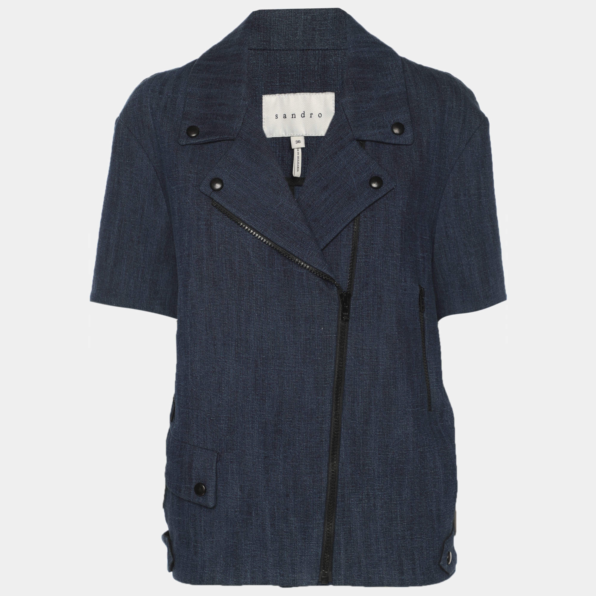 Pre Owned Sandro Blue Denim Short Sleeve Blazer Jacket S