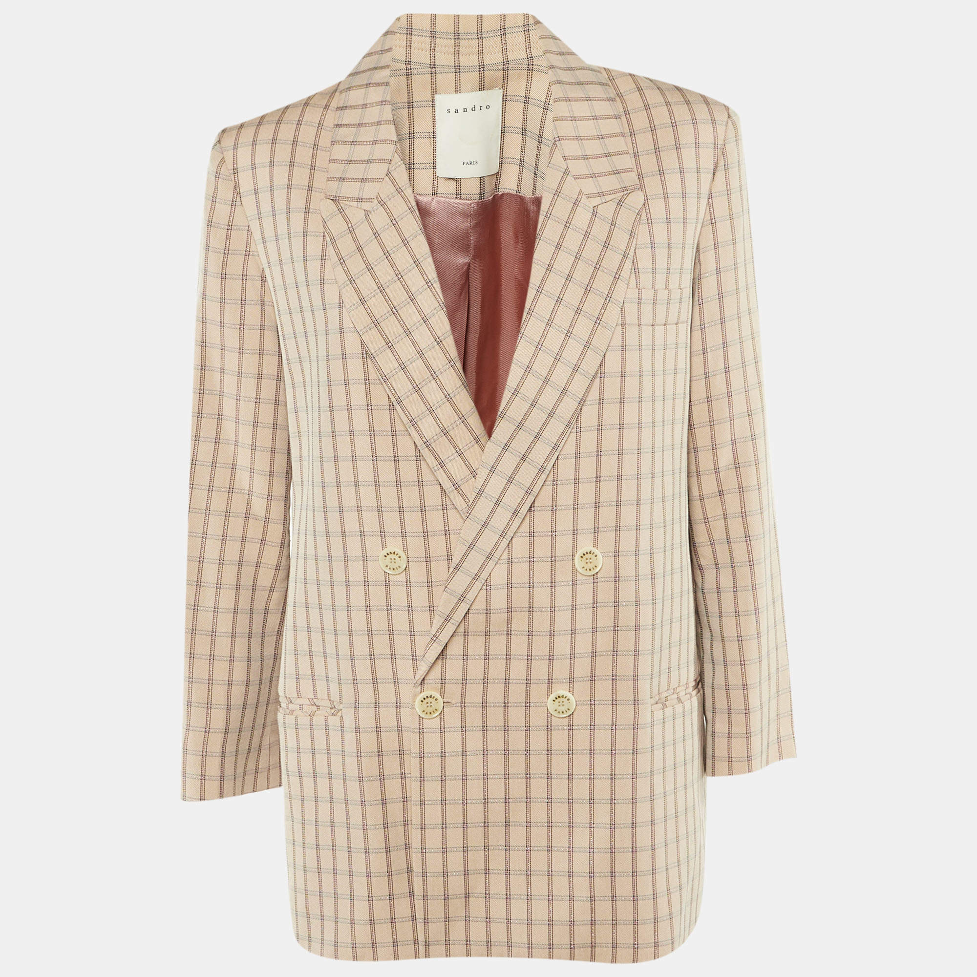 Pre Owned Sandro Beige Checkered Print Lurex Crepe Danube Blazer L