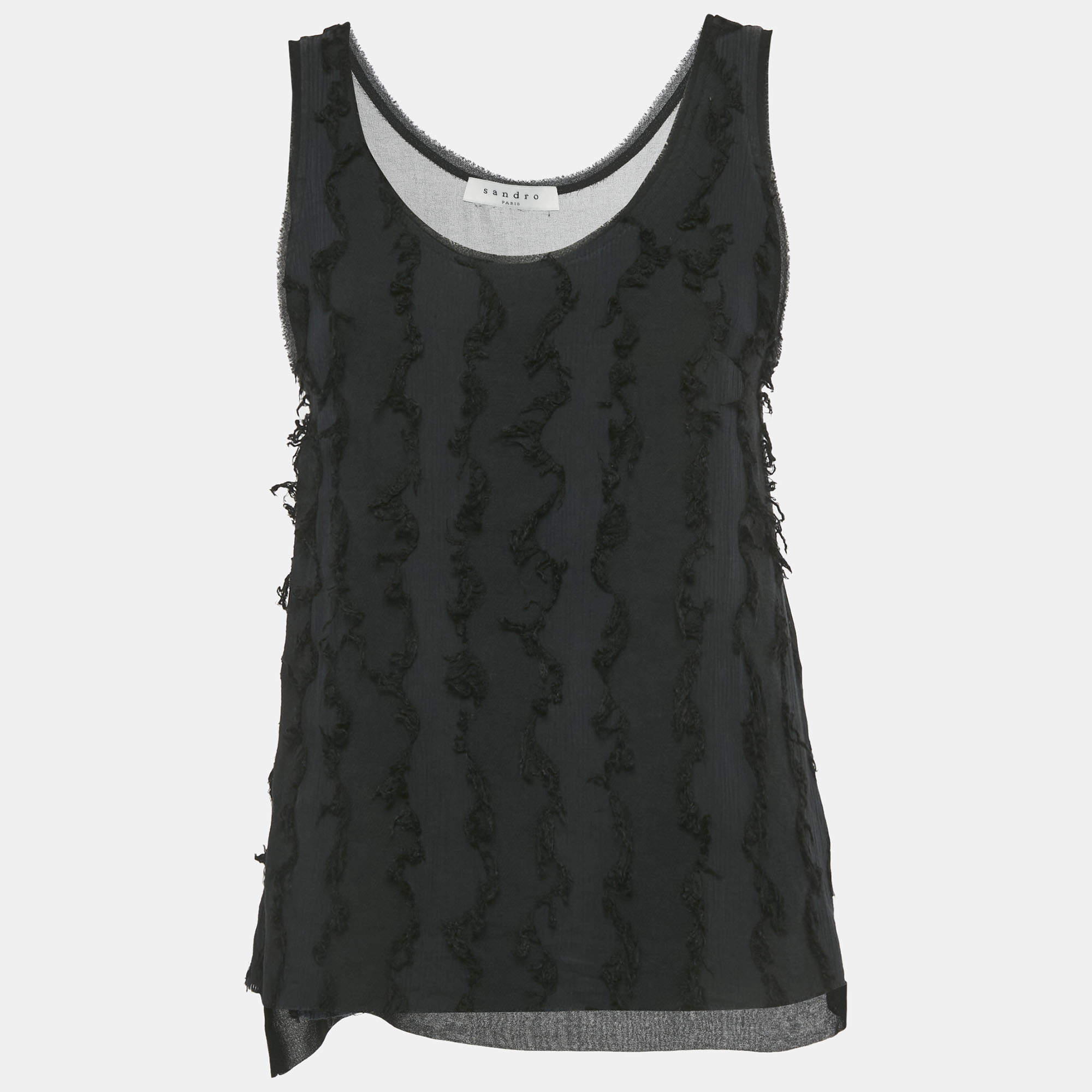 مملوكة مسبقًا Sandro Black Rib Knit Frayed Detail Tank Top S