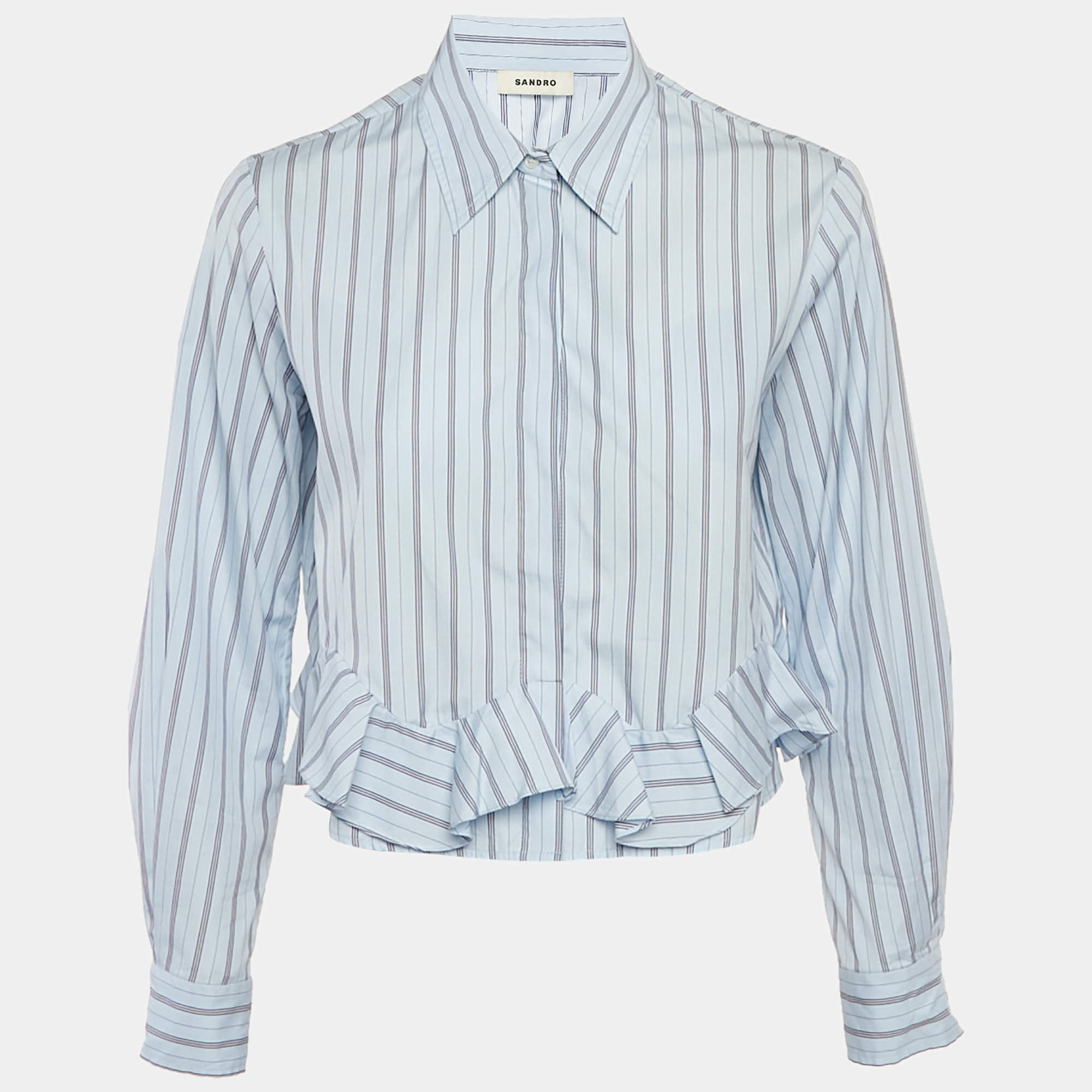 Pre Owned سندرو قميص قصير بحافة مكشكشة مخطط باللون الأزرق من القطن مقاس صغير