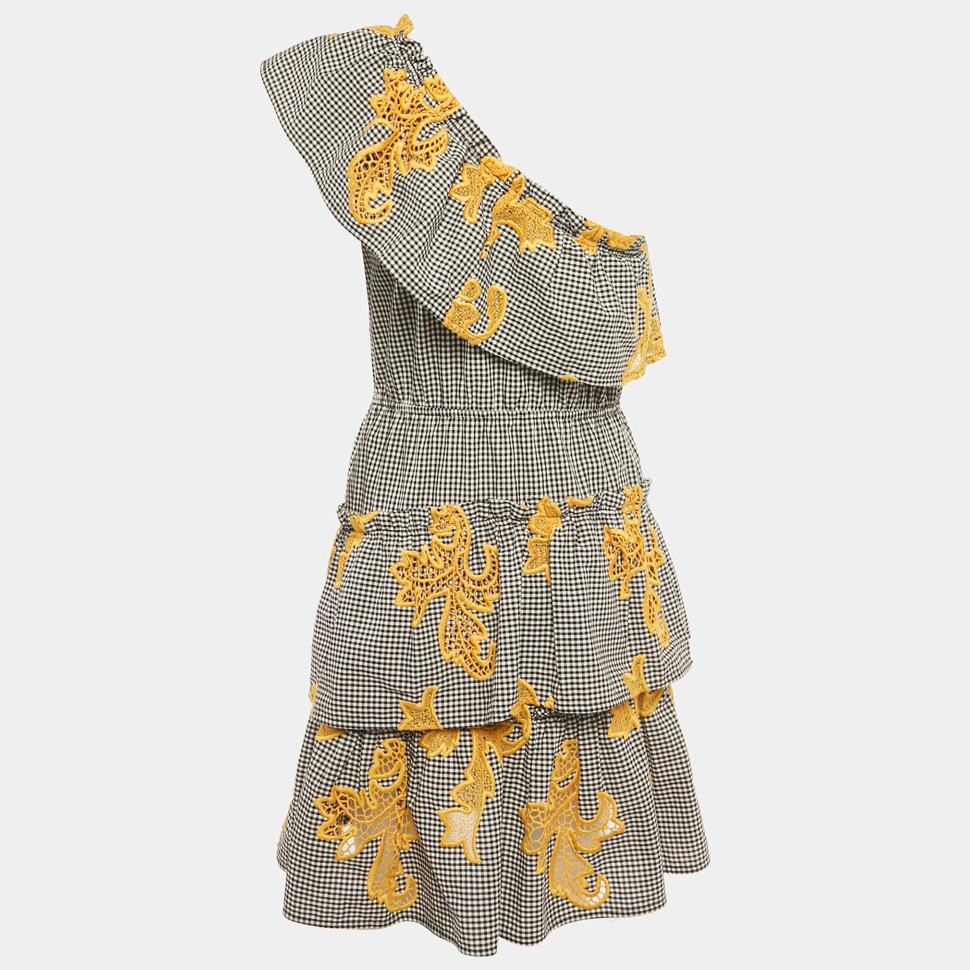 Pre Owned فستان ساندرو أسود بنقشة مربعات قطن وتفاصيل قصات متباينة بحزام كتف واحد ومزين بطبقات قصير صغير الحجم