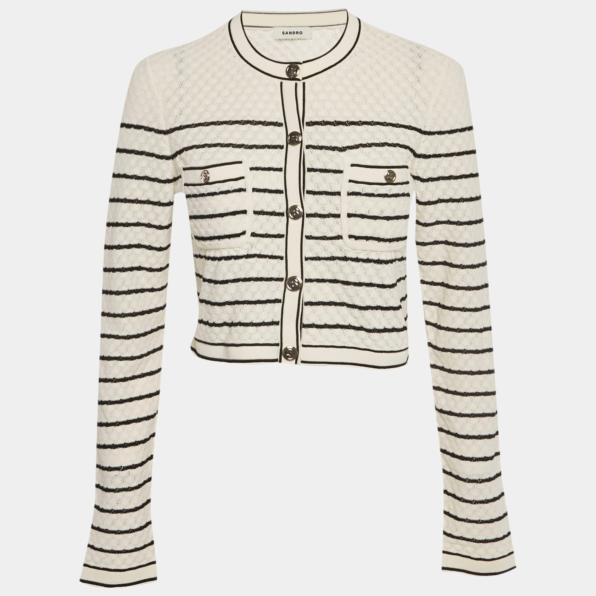 مملوكة مسبقًا Sandro White Striped Crochet Knit Cropped Cardigan L