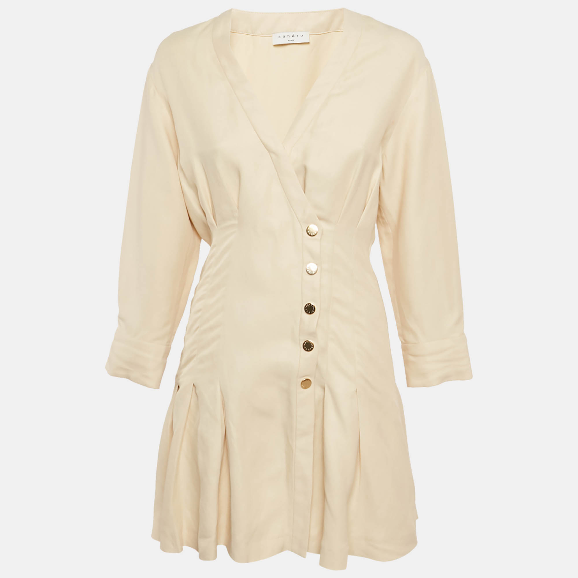 Pre Owned Sandro Beige Linen Blend Button Detail Mini Dress XS