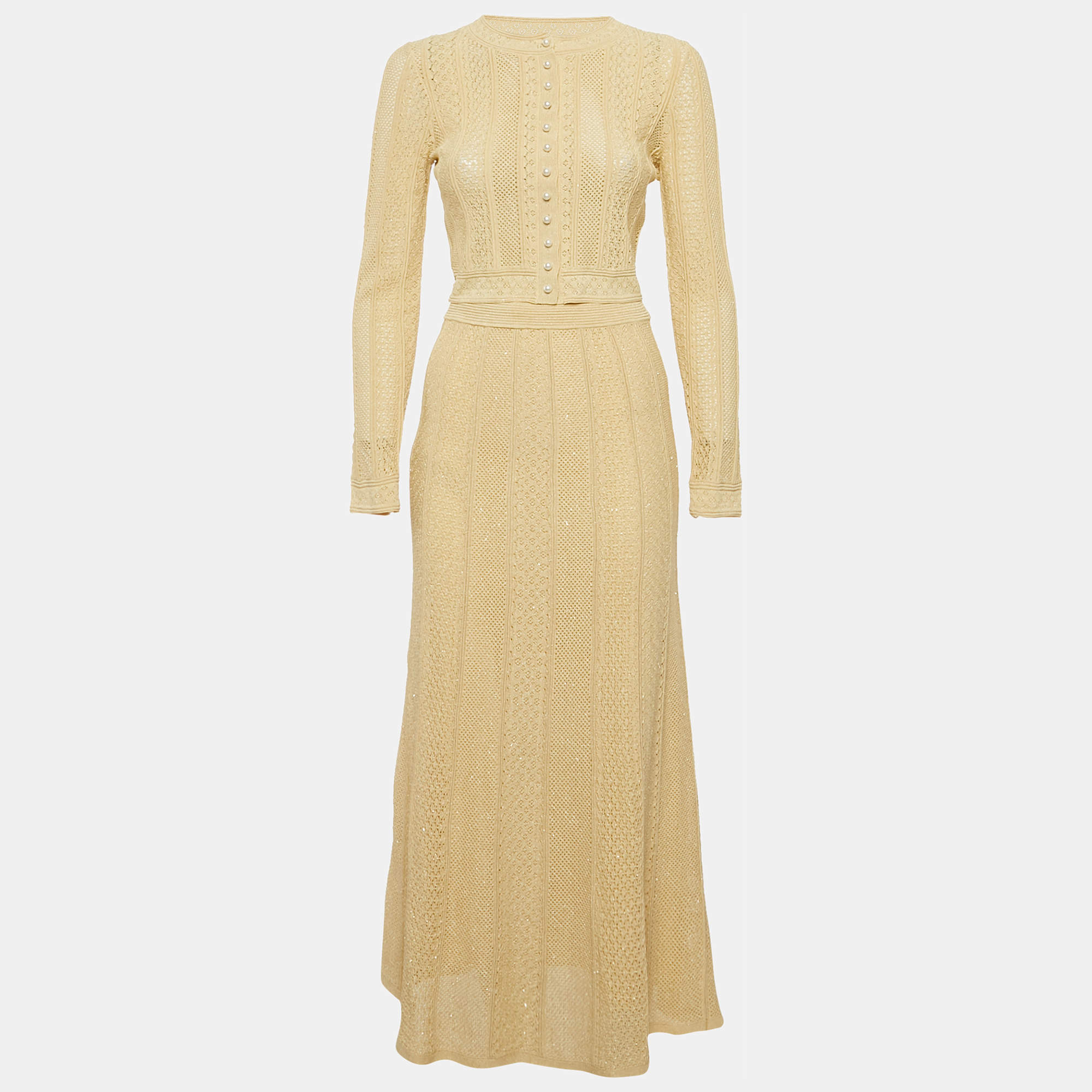 مملوكة مسبقًا Sandro Cream Hollow Knit Cardigan and Skirt Set S