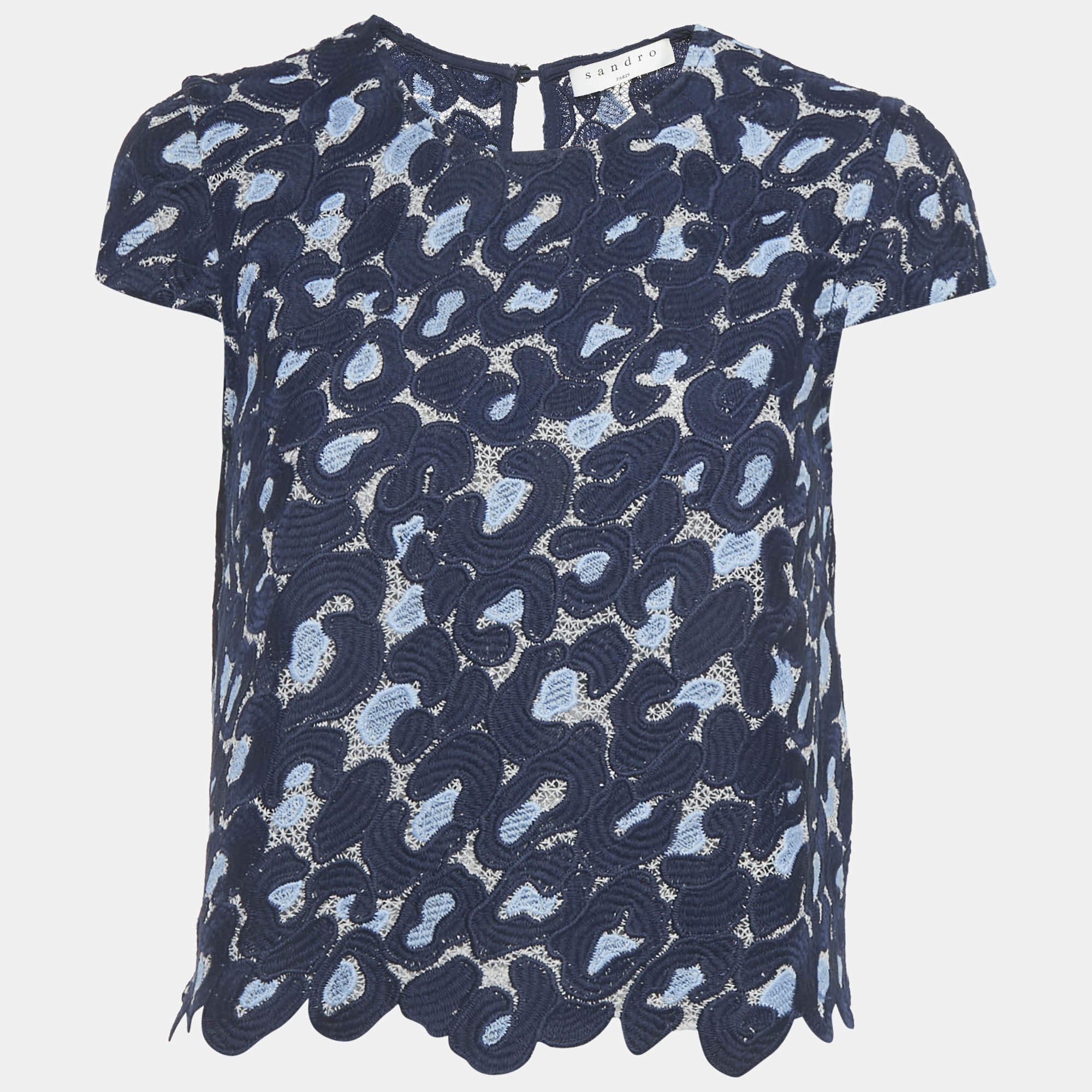 Pre Owned سندرو توب قصير من الدانتيل باللون الأزرق الداكن مقاس صغير