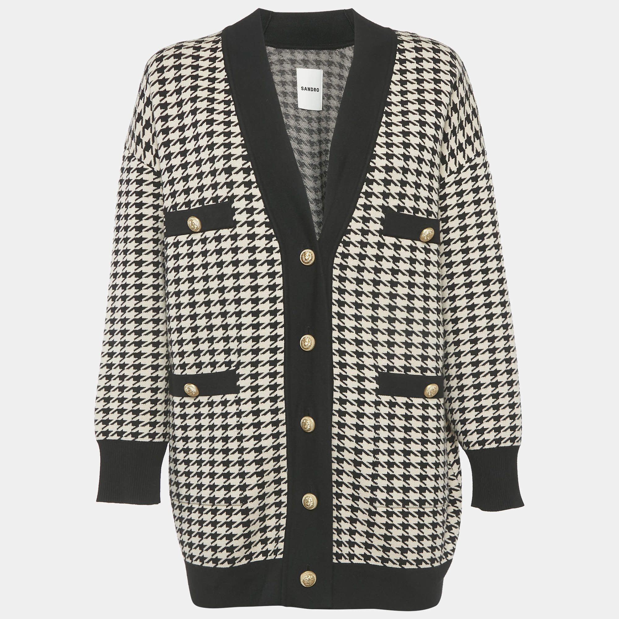 مملوكة مسبقًا Sandro Black/Off White Houndstooth Knit Oversized Cardigan S