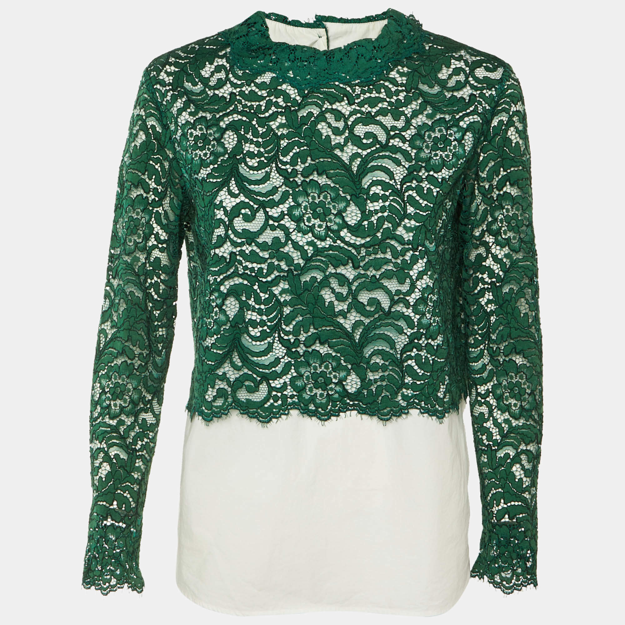 مملوكة مسبقًا Sandro  Green /White Cotton & Lace Overlay Malia Top L