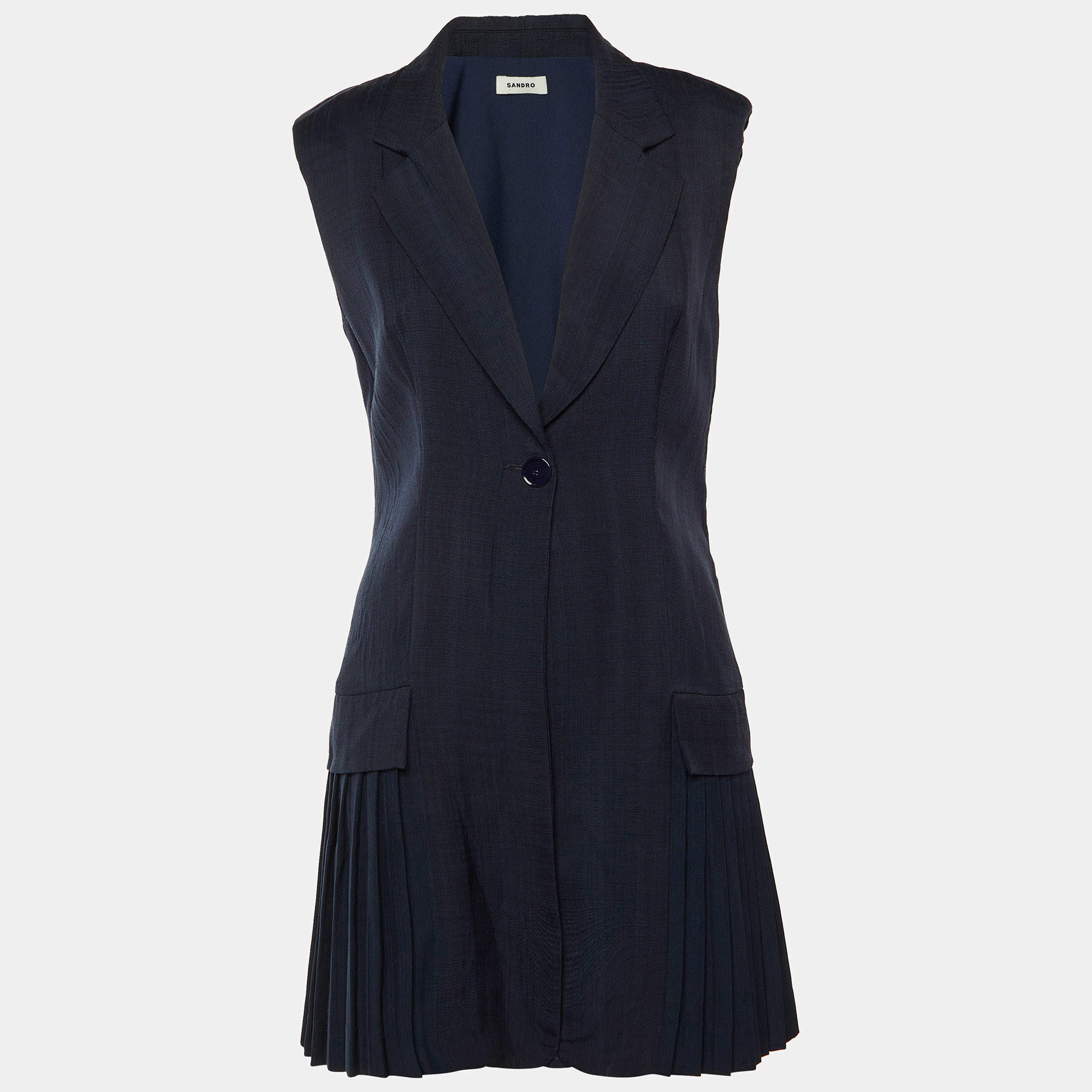 Pre Owned Sandro Navy Blue Crepe Pleated Mini Suit Dress M
