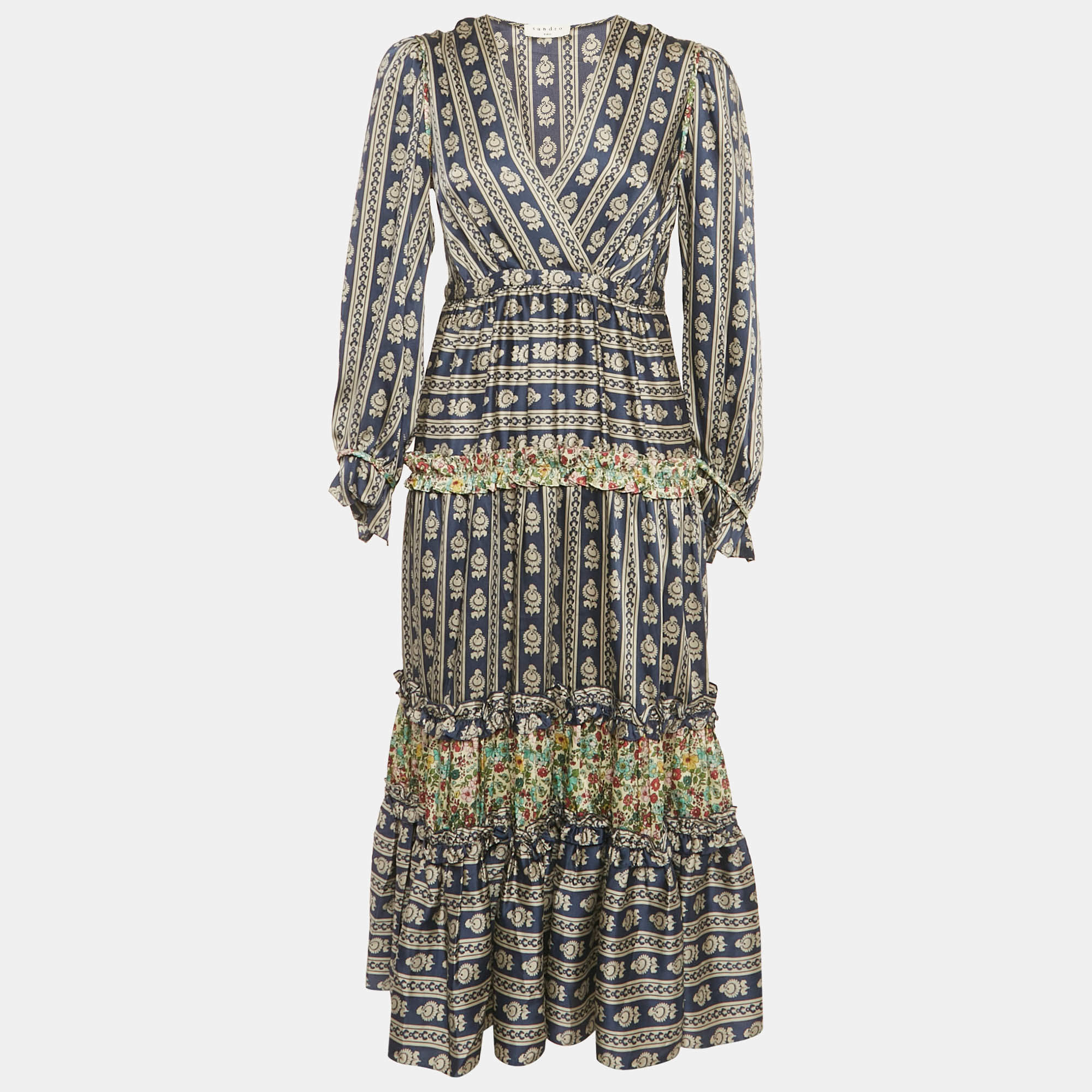 Pre Owned فستان ساندرو أزرق بطبعة زهور حرير فالنتينا برقبة على شكل V ميدي صغير الحجم