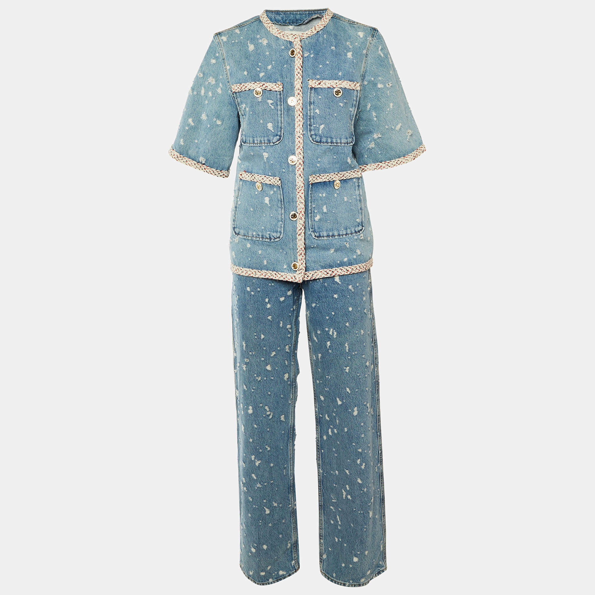 مملوكة مسبقًا Sandro Blue Distressed Denim Lorette Jacket & Jeans Set S/L