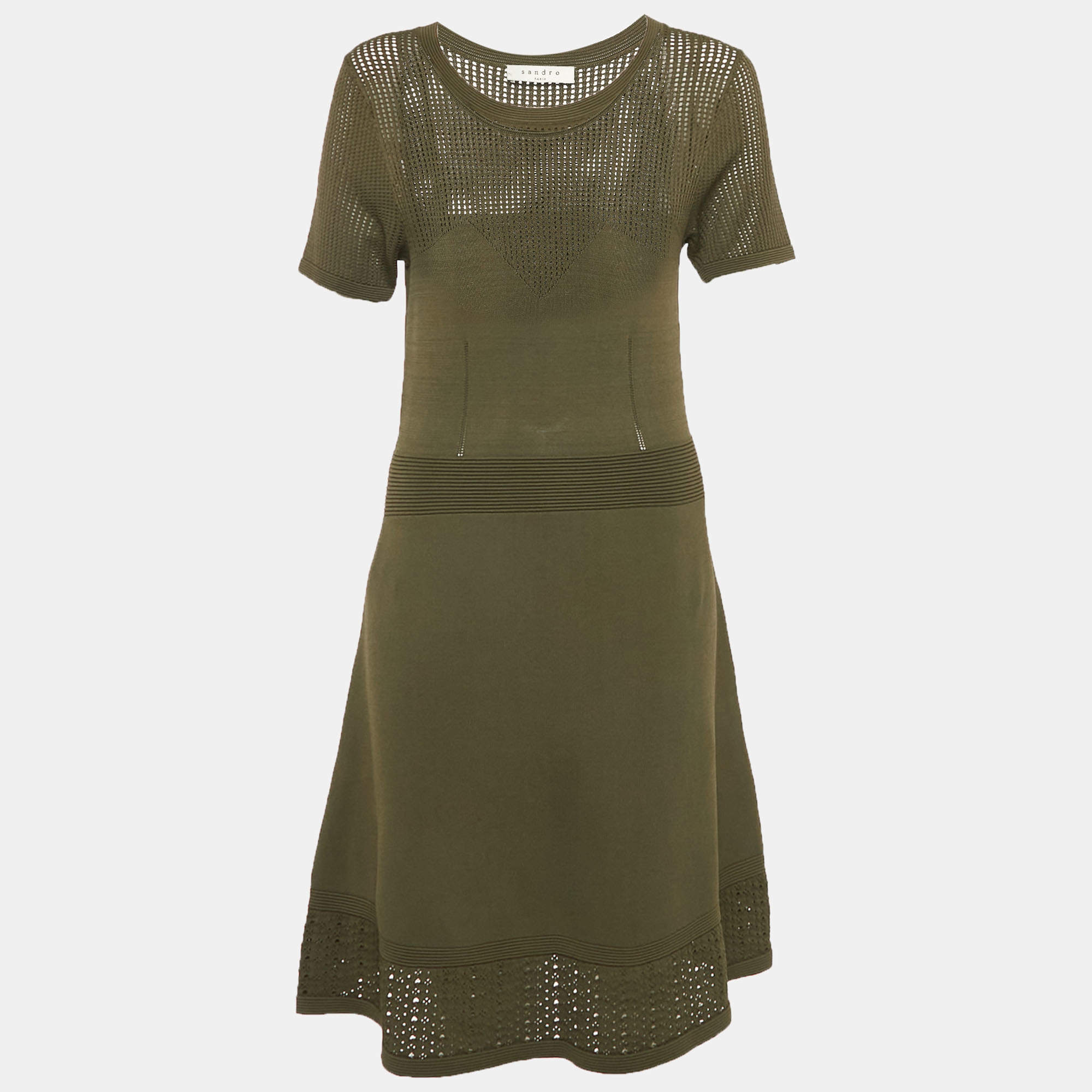 Pre Owned Sandro Green Open Knit Flared Short Dress L