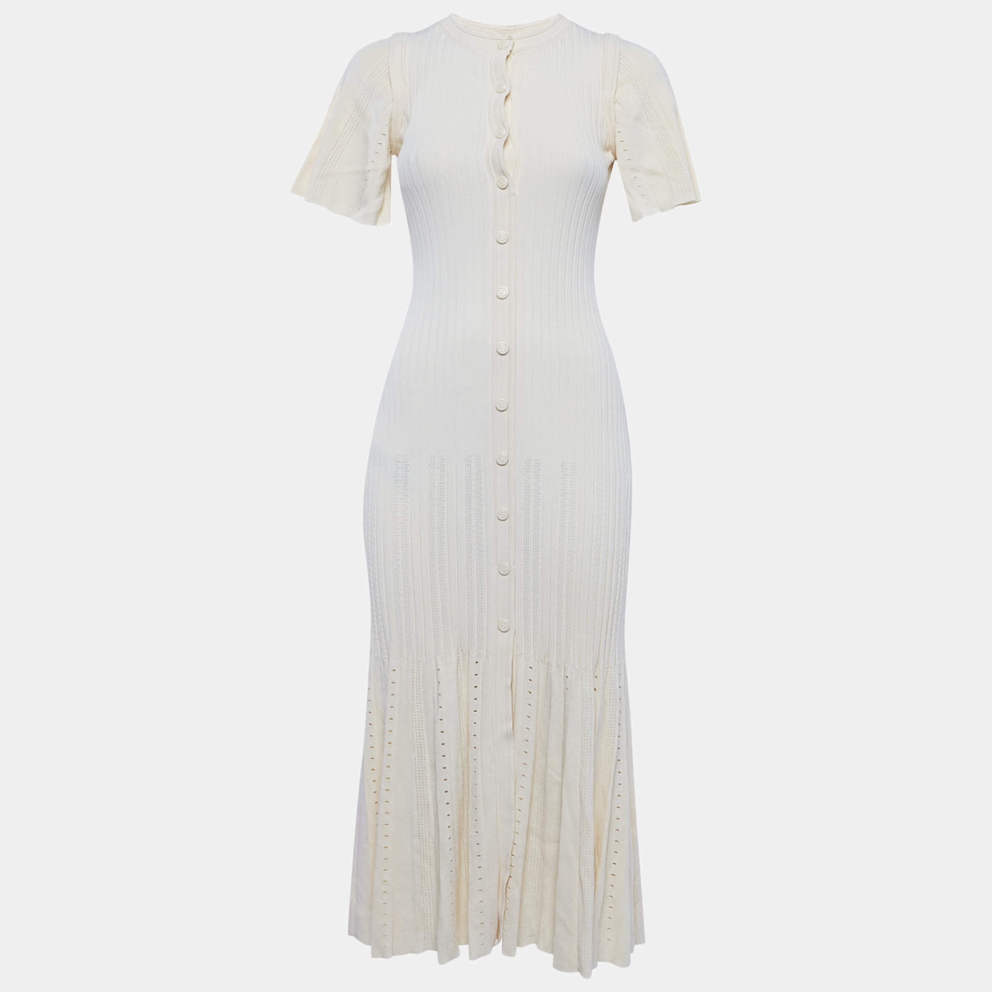 Pre Owned Sandro Cream Pointelle Knit Flared Midi Dress S