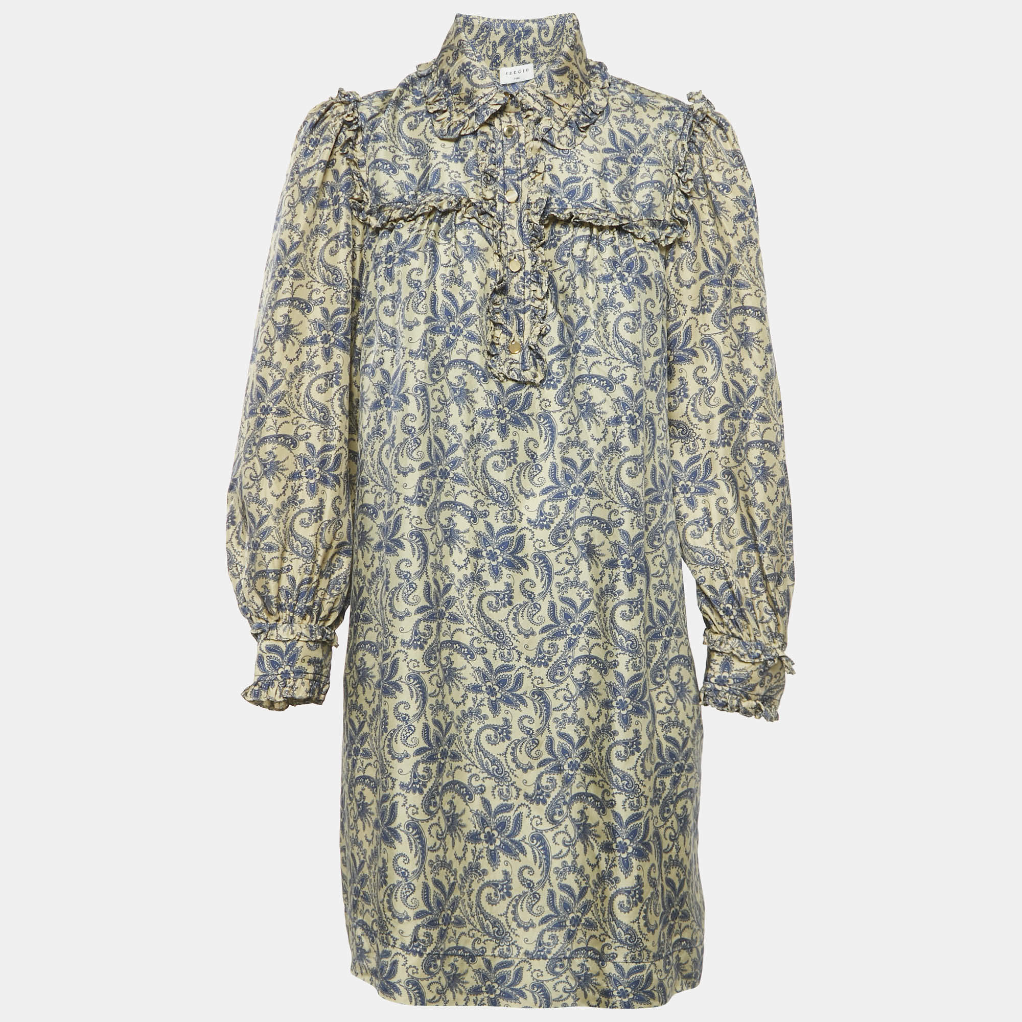 مملوكة مسبقًا Sandro Cream Harmonie Print Silk Ruffle Mini Dress S