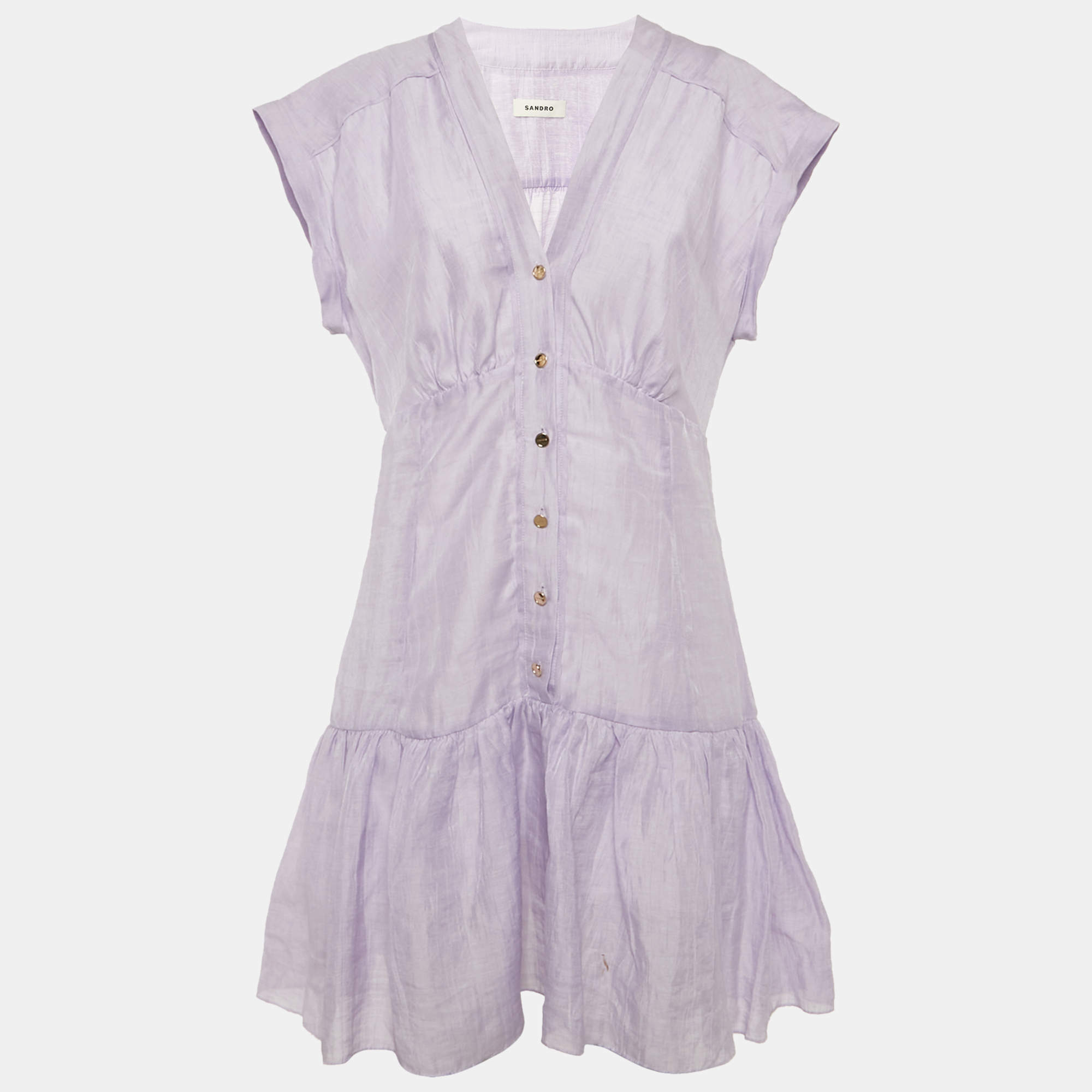 Pre Owned Sandro Lilac Linen Blend V-Neck Mini Dress XL