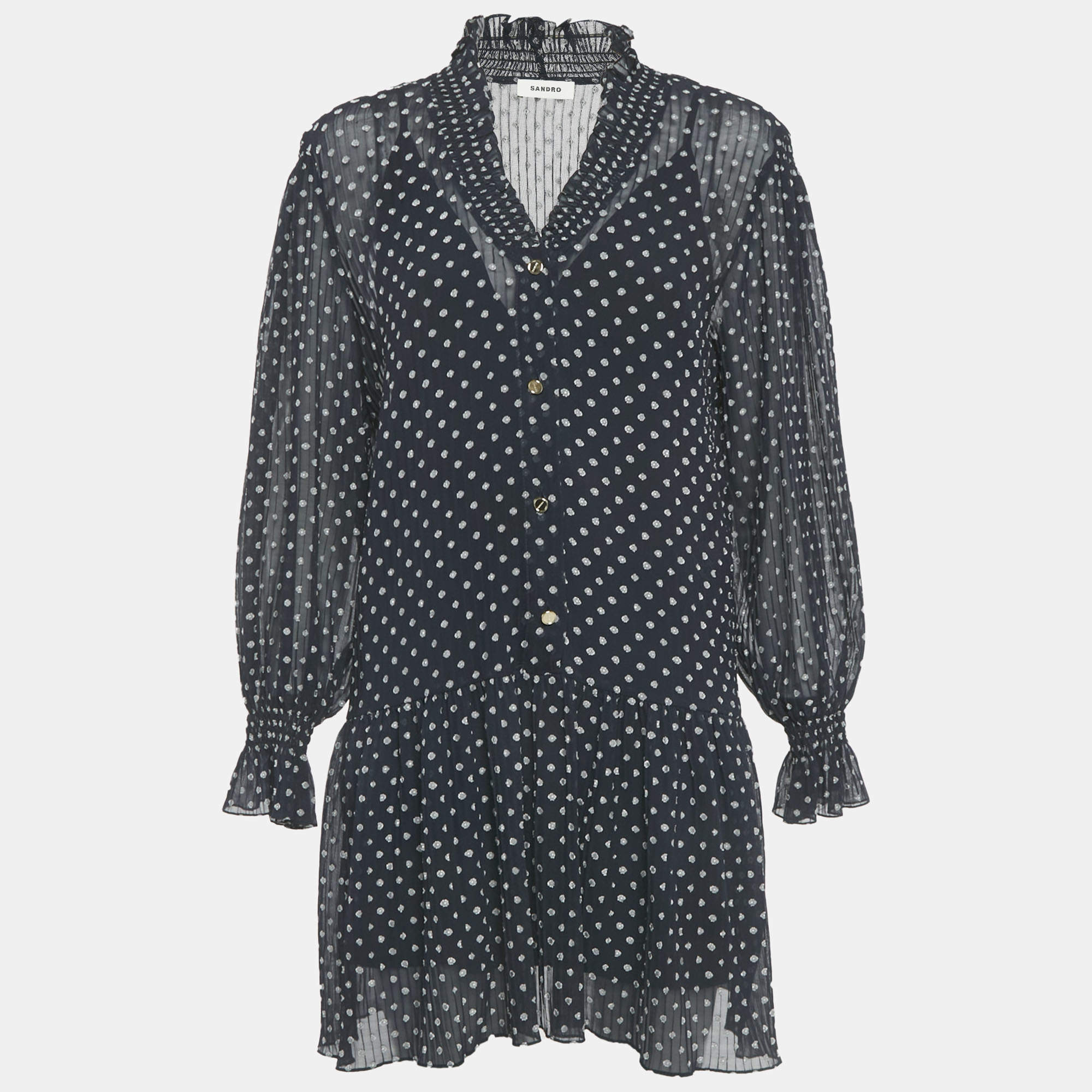 Pre Owned Sandro Navy Blue Polka-Dot Fil Coupé Georgette Mini Dress M