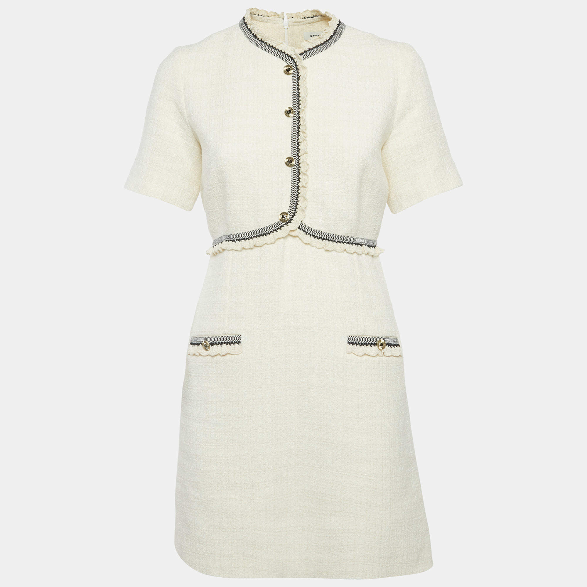 Pre Owned Sandro Cream Tweed Mini Dress S