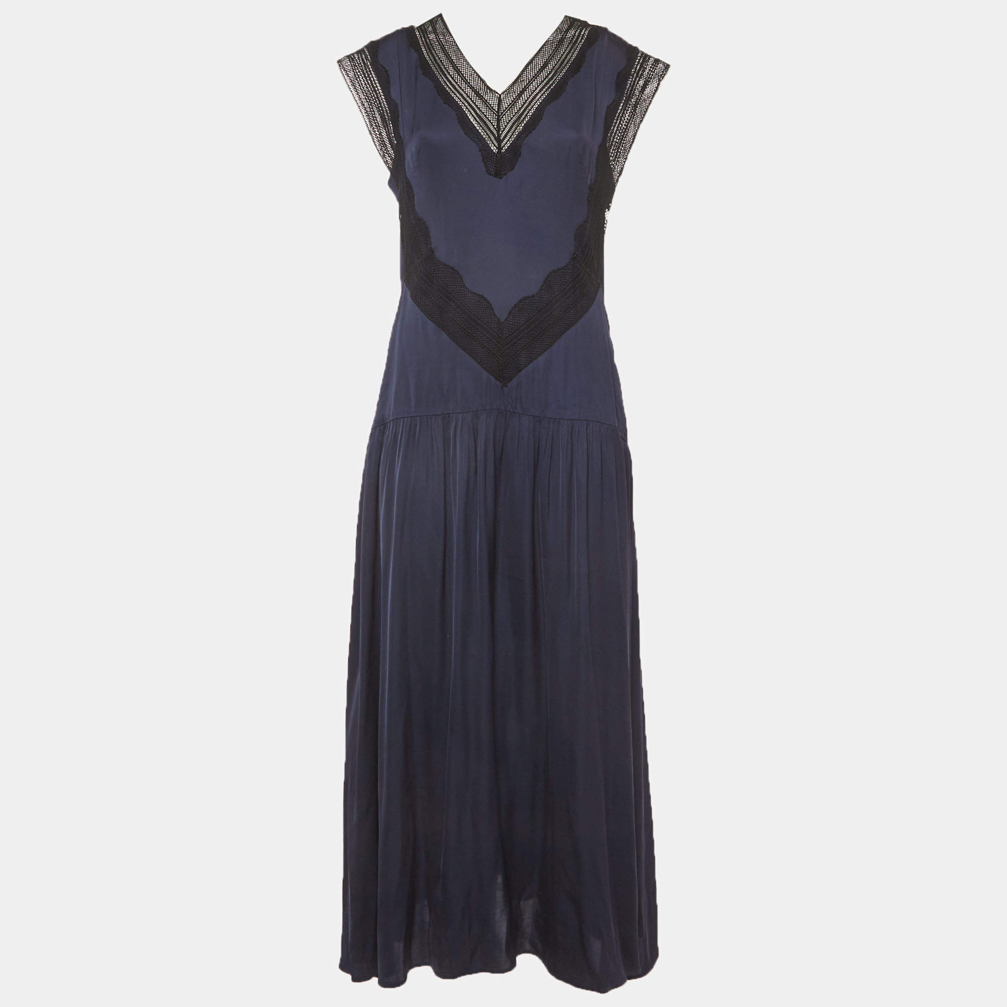 Pre Owned Sandro Navy Blue Satin Eloy Lace-Inset Maxi Dress M