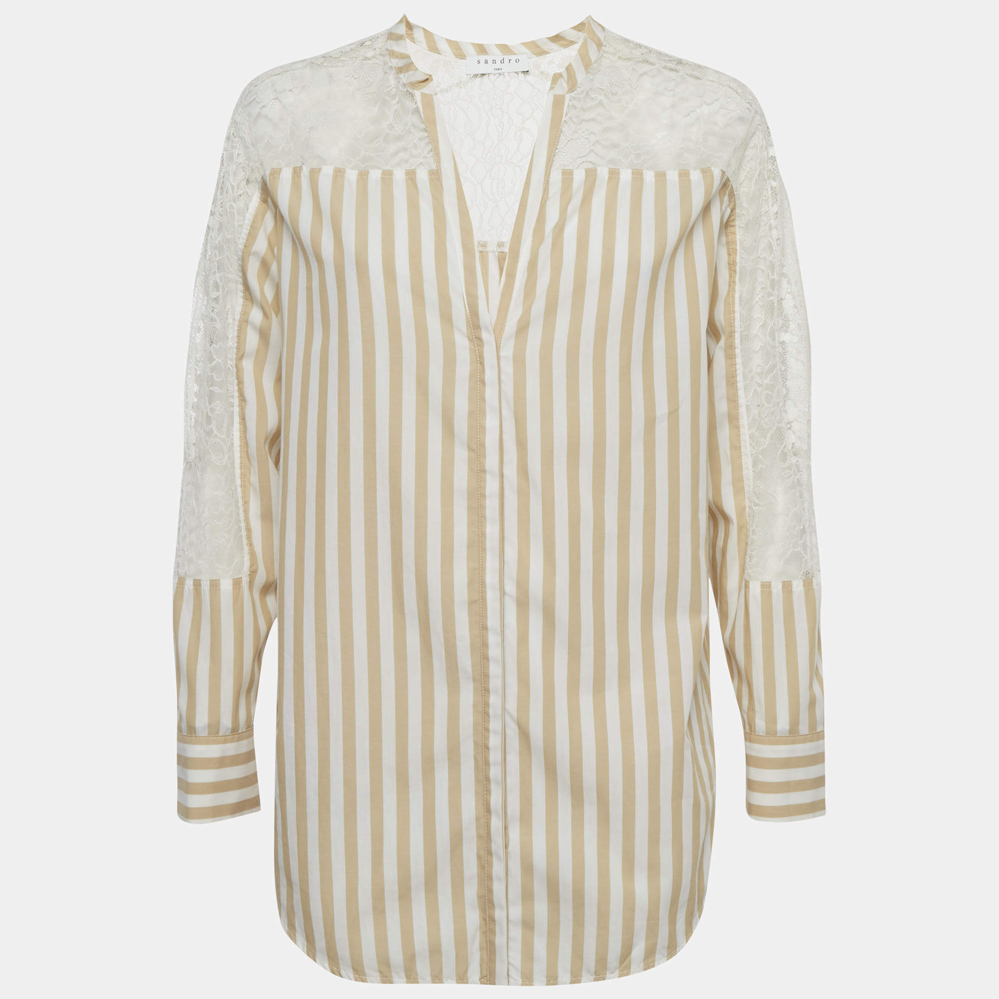 Pre Owned Sandro Beige & White Striped Cotton & Lace Shirt M