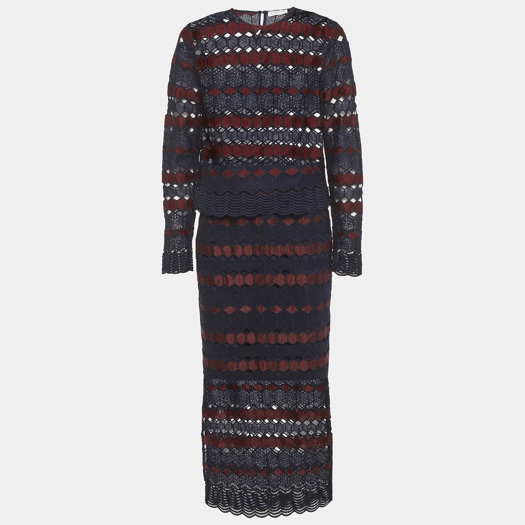 Pre Owned Sandro Blue/Maroon Lace Top and Pencil Skirt Set L/M