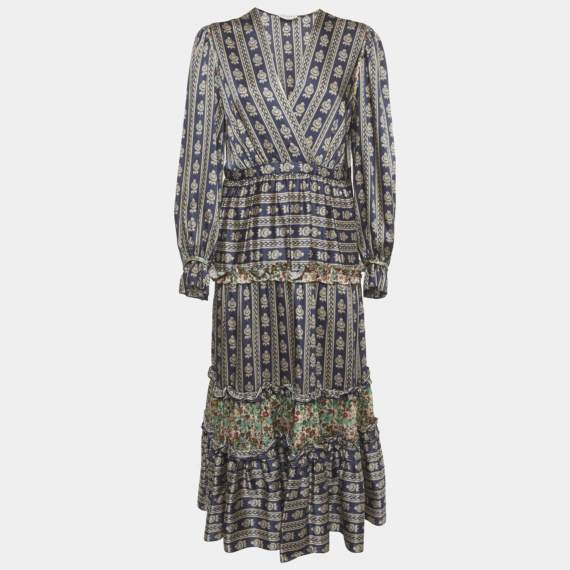 مملوكة مسبقًا فستان ساندرو أزرق بطبعة زهور حرير فالنتينا برقب ة على شكل V ميدي صغير الحجم