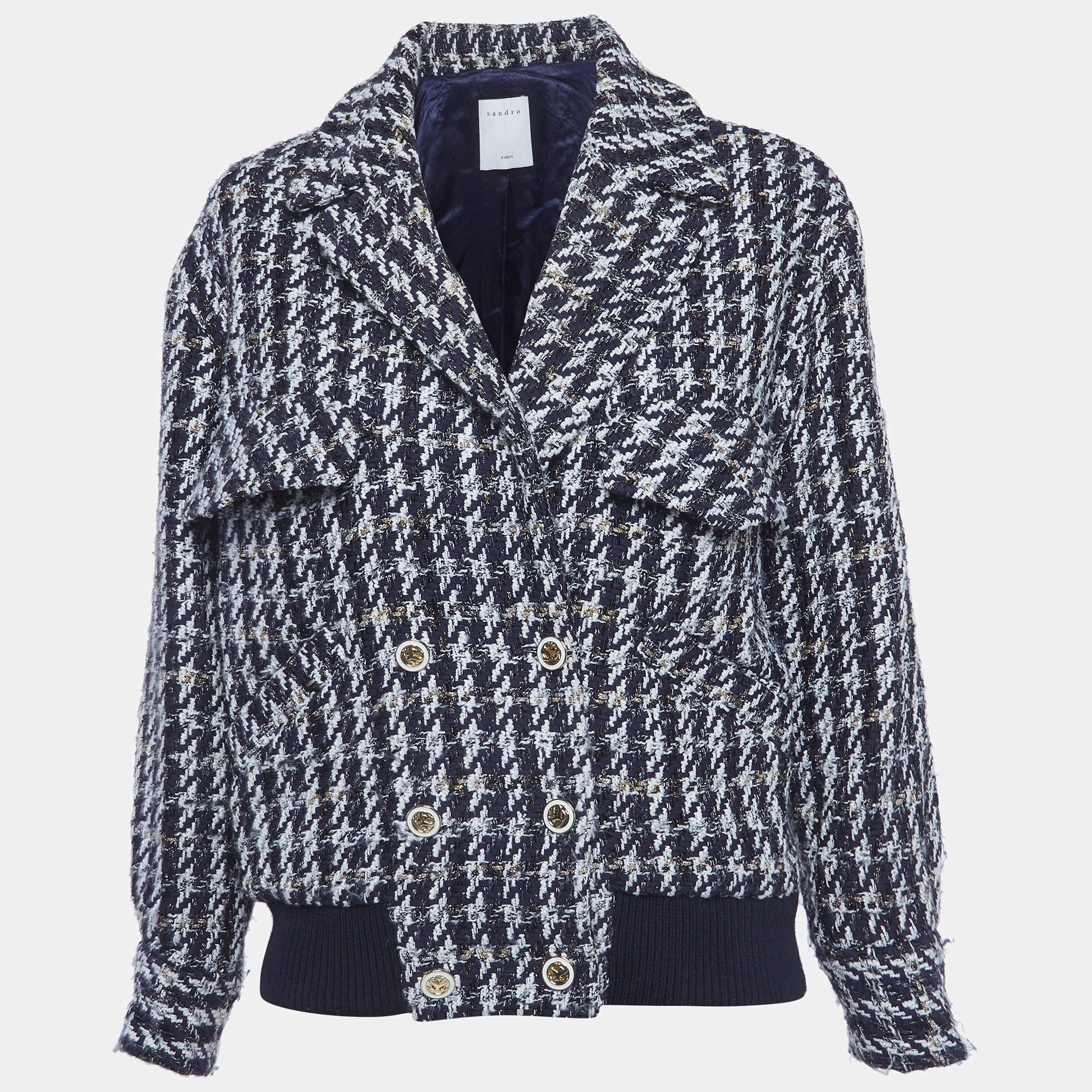 Pre Owned Sandro Blue/White Houndstooth Double Breasted Jacket S