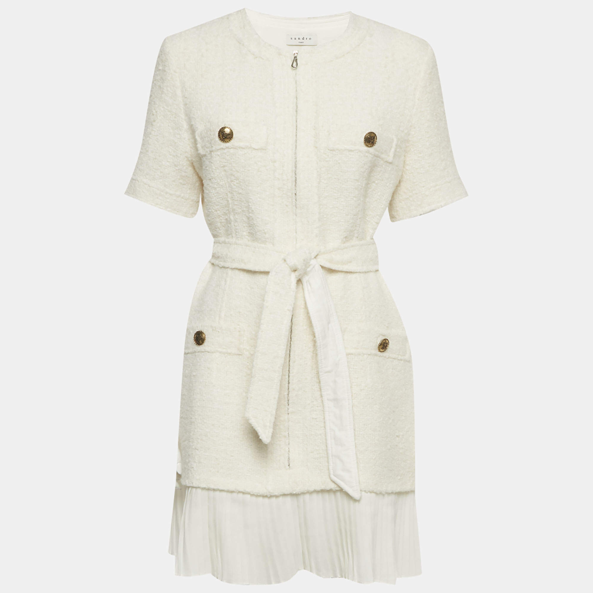 Pre Owned فستان ساندرو أبيض من تويد مع حزام قصير كبير