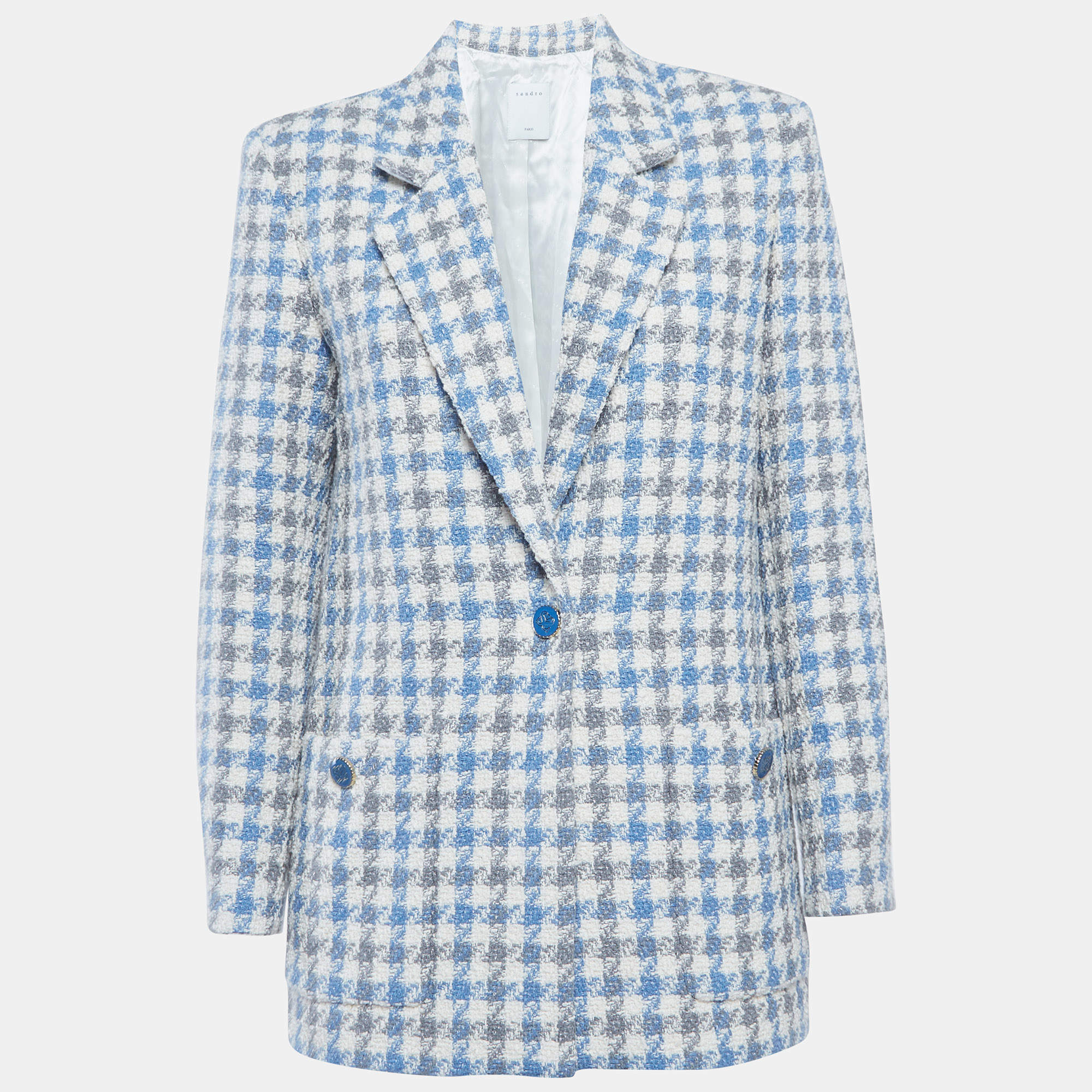 Pre Owned بليزر ساندرو أزرق بنمط هوندستووث تويد مقاس متوسط