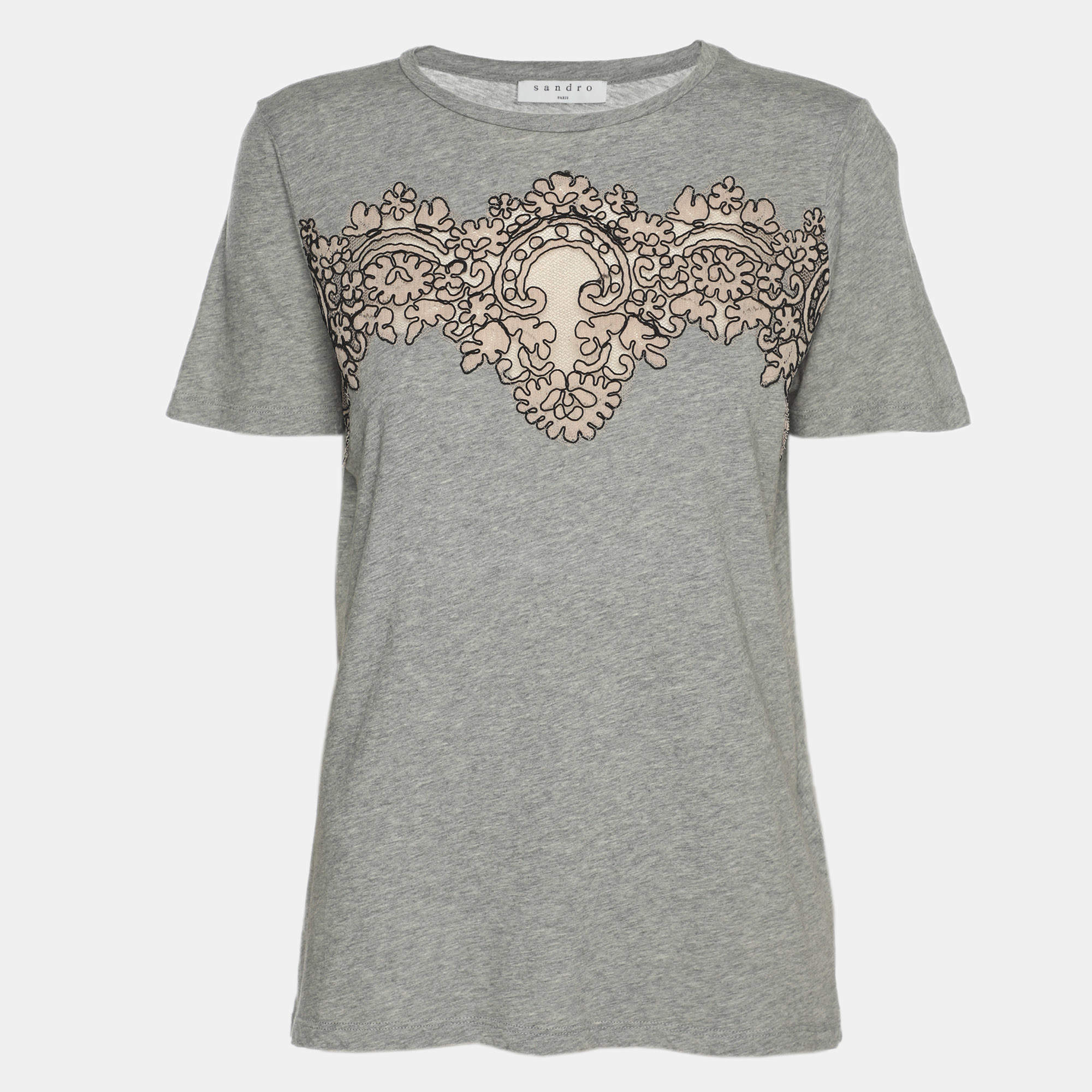 Pre Owned Sandro Grey/Beige Cotton and Lace T-Shirt S