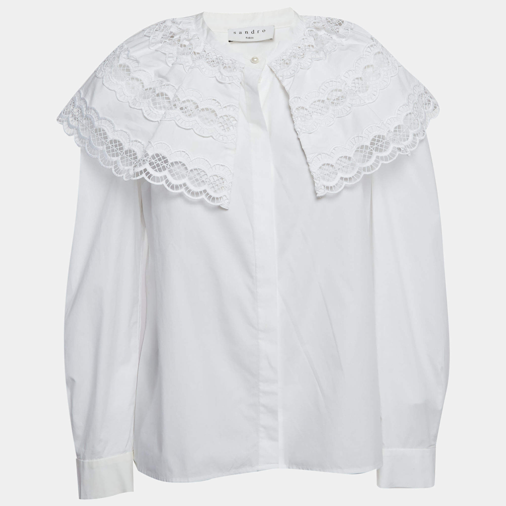 Pre Owned Sandro White Cotton Lace Collar Ernesta Blouse L
