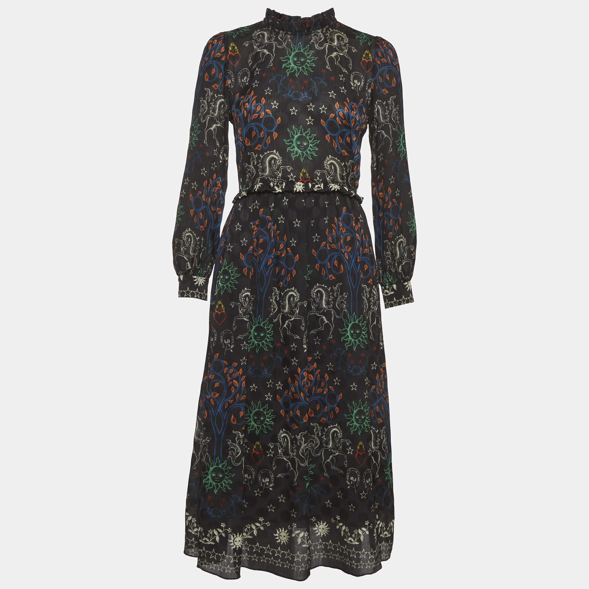 Pre Owned Sandro Black Print Chiffon Ruffled Trim Midi Dress XS