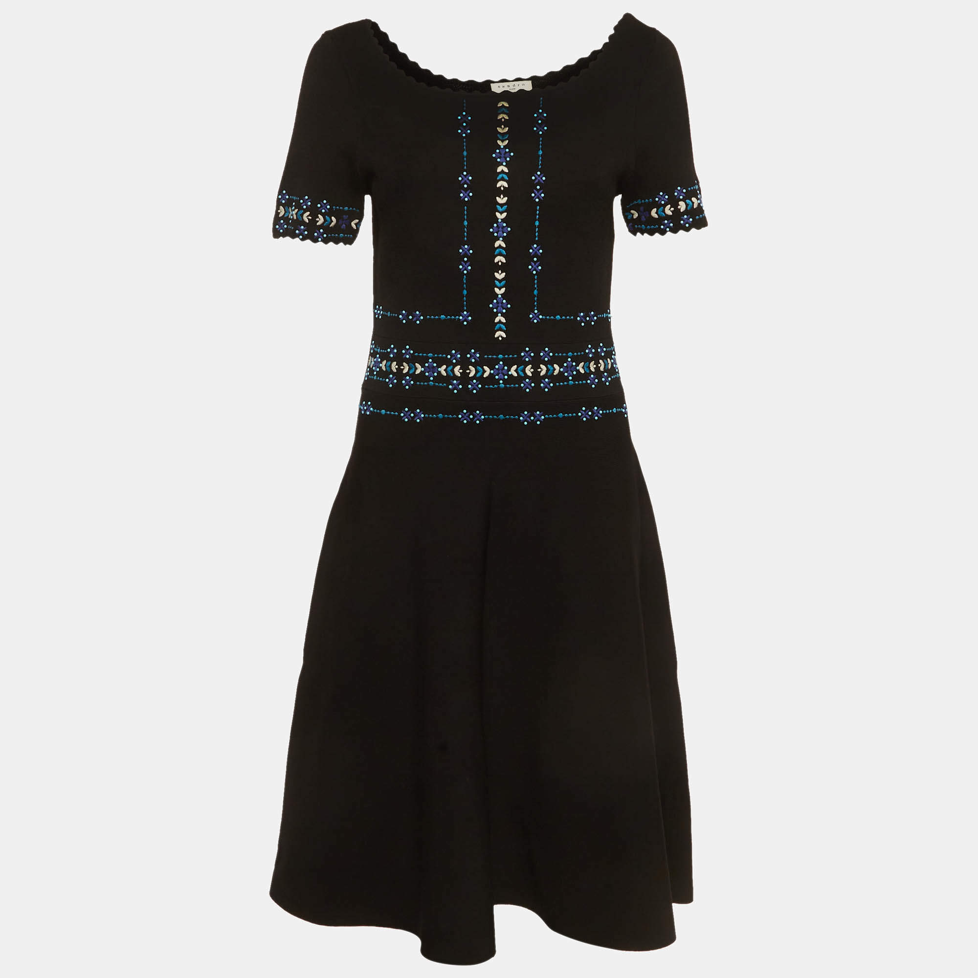 مملوكة مسبقًا Sandro Black/Blue Embroidered Stretch Knit Midi Dress L