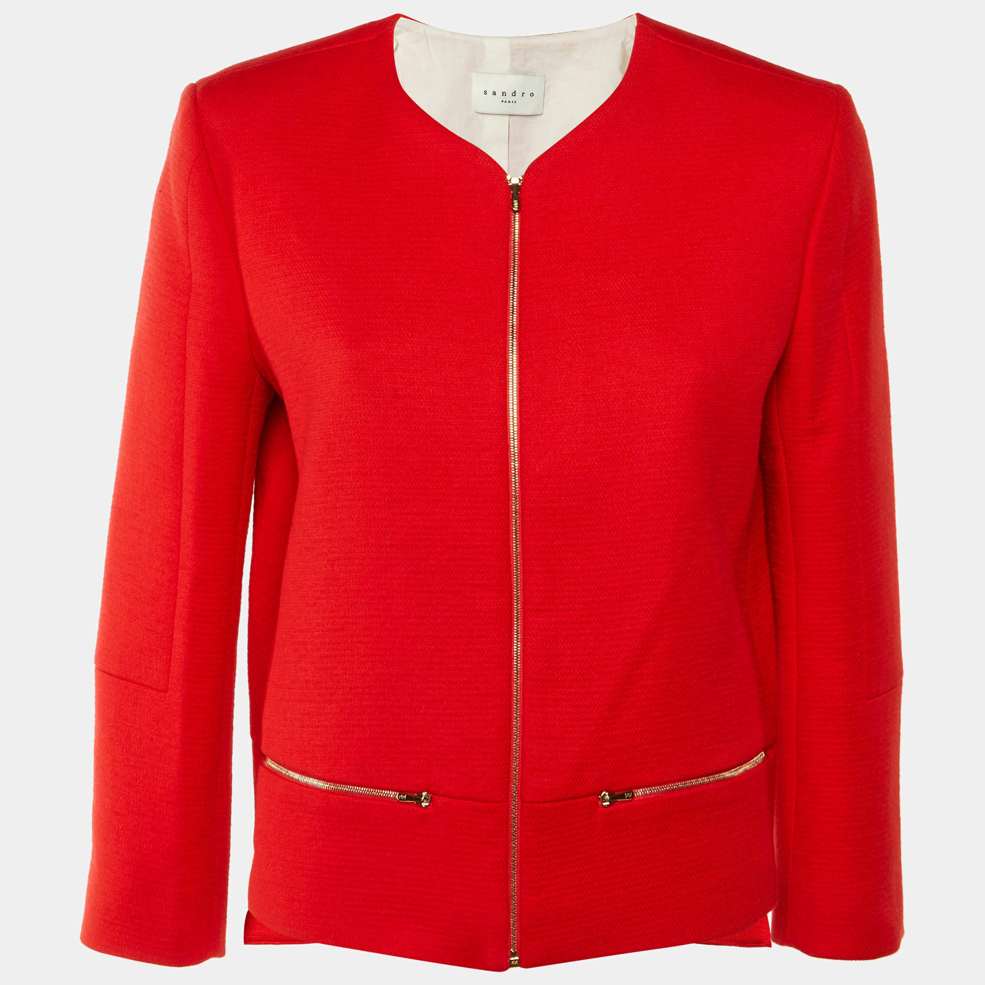 Pre Owned جاكيت ساندرو قطن أحمر بسحاب أمامي مقاس متوسط