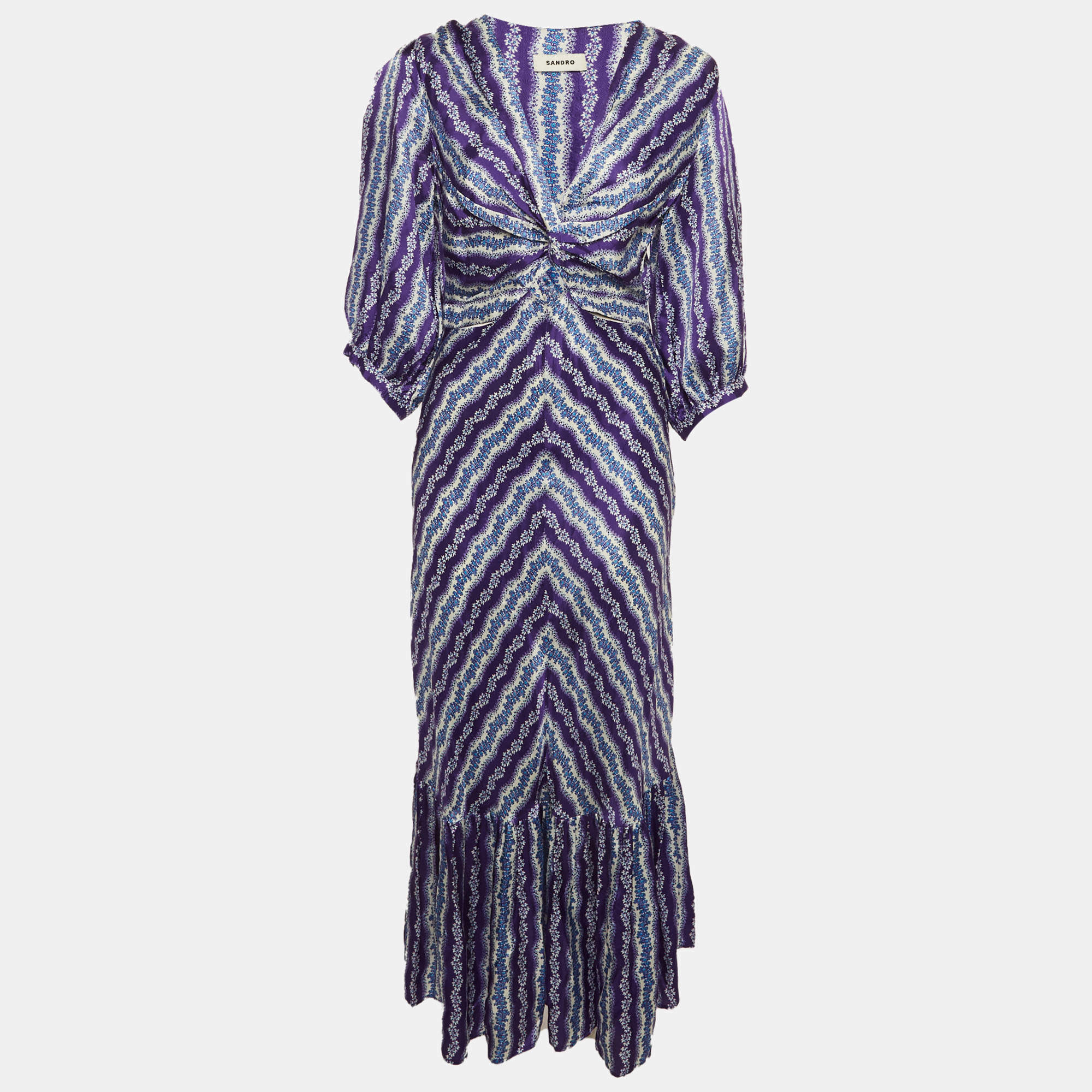 Pre Owned Sandro Purple Floral Stripe Satin Keyhole Brumela Midi Dress S
