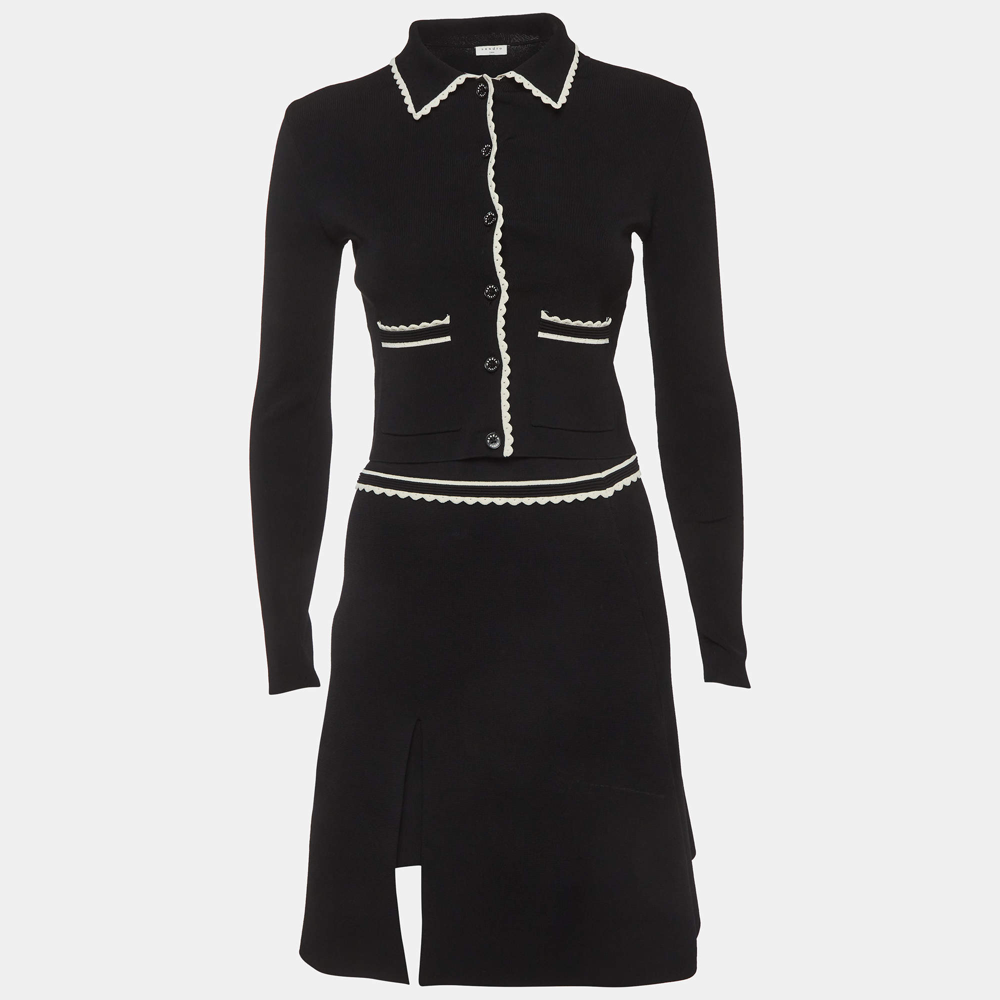 Pre Owned Sandro Black Stretch Knit Skirt and Top Set XS