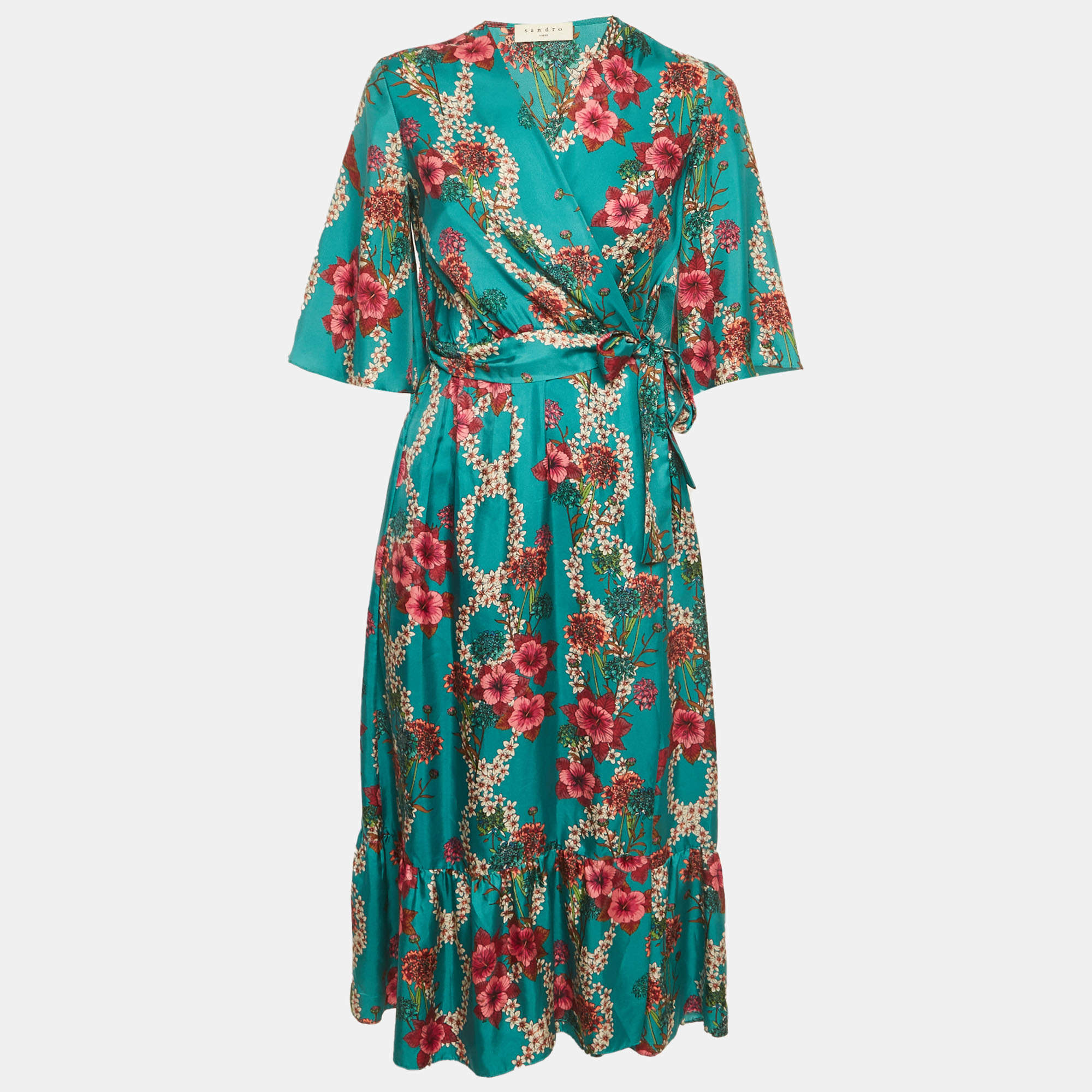 Pre Owned Sandro Turquoise Floral Print Silk Midi Wrap Dress M 