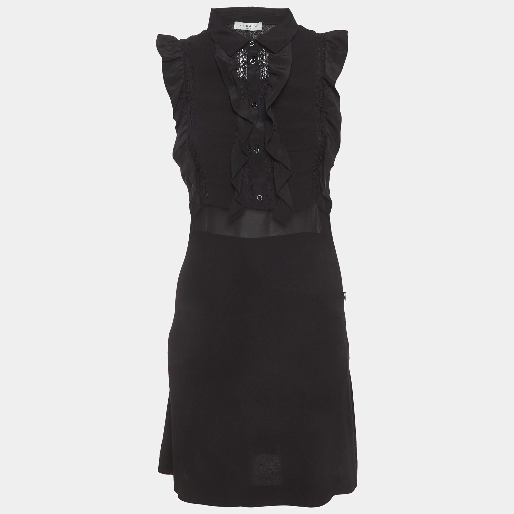 Pre Owned Sandro Black Lace Trim Crepe Mini Dress S