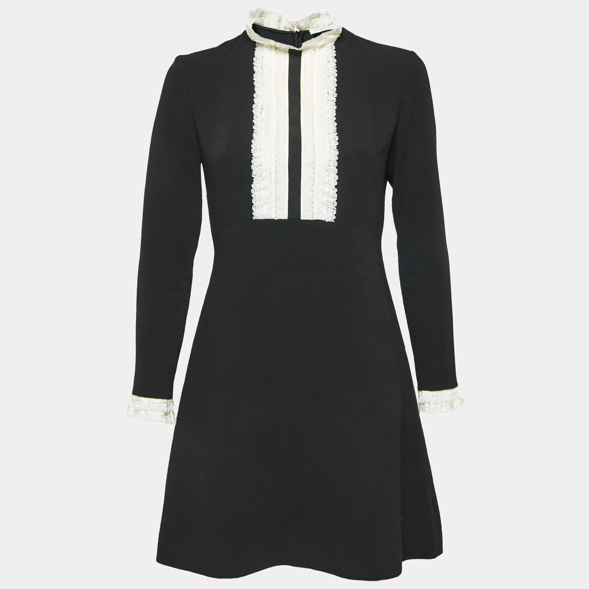 Pre Owned Sandro Black Crepe Lace Trim Shift Mini Dress M